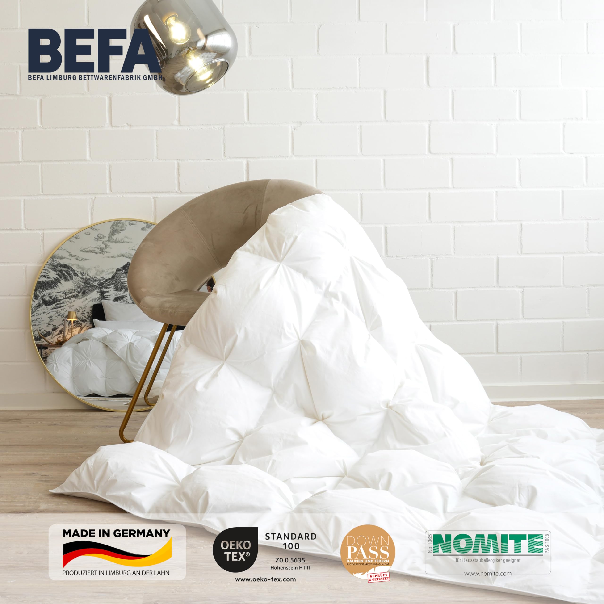 BEFA NATUR Daunendecke 135x200 cm Winter | 100% Reine Daune | Mont Blanc - luxuriös & extra warm | Füllgewicht 520g | Allergiker (NOMITE) | Tierwohl (DOWNPASS) | Oeko-TEX Klasse 1 | Made in Germany