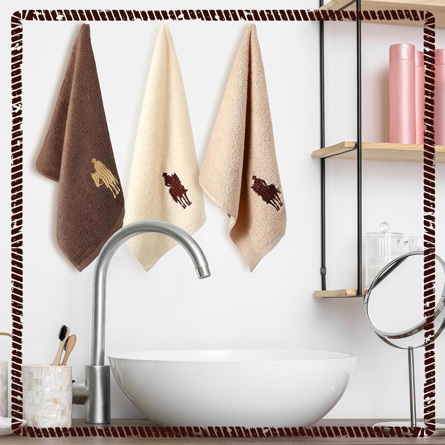 3 Pcs Western Cowboy Hand Towels for Bathroom Cotton Embroidered Rodeo Kitchen Towels 13.3" x 29.5" Rustic Gifts for Bath Shower Farmhouse Decors Housewarming Gift (Brown) - Image 7