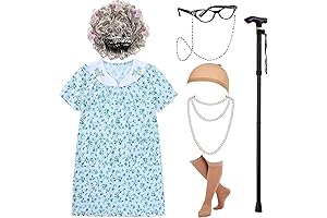 Granny Wigs Halloween LOL Granny Costume Kit for Kids with Nightgown Wig Cane Black Eyeglasses