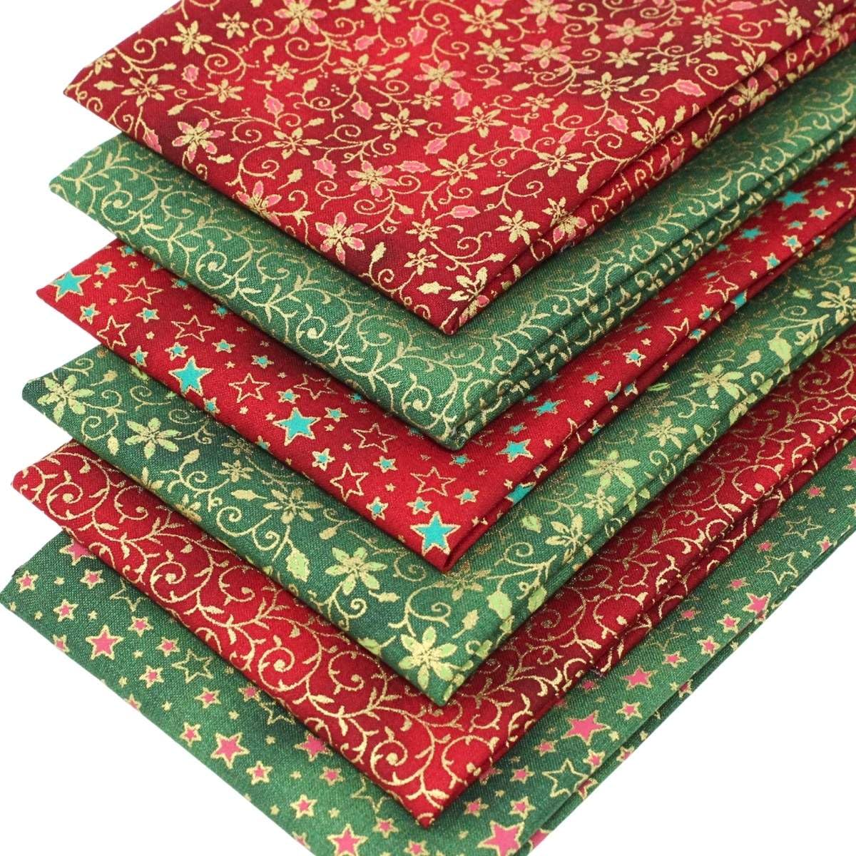 6 Fat Quarters Bundle - 'Regal Christmas' Stunning Xmas Fabrics in Green & Red with Gold Detailing. 100% Cotton Ideal for Festive Quilting & Crafting (with Free Patchwork Pattern by Overdale Fabrics)