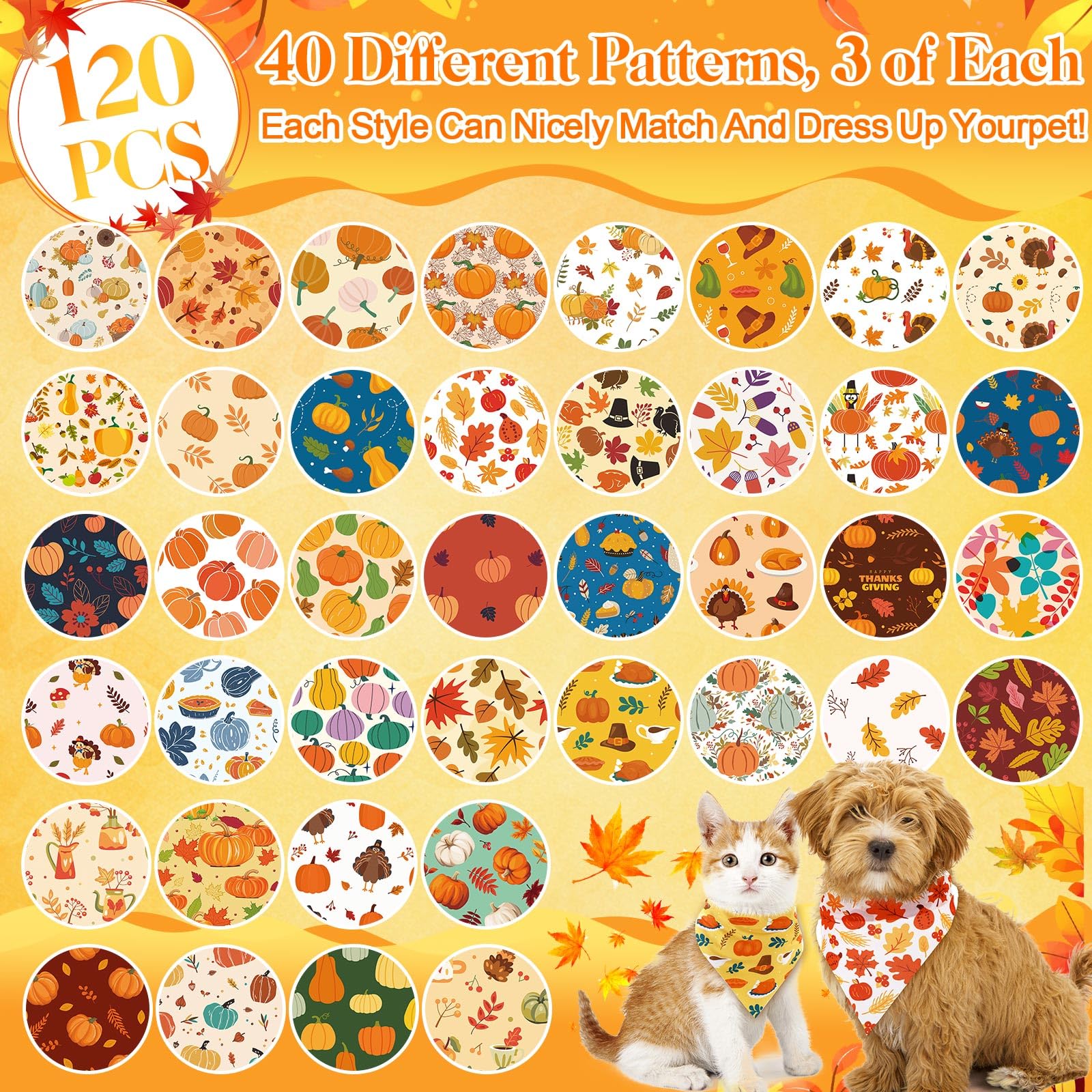 Amylove 120 bandanas de Navidad para perros, a granel, día de Acción de Gracias, día festivo, triangulares, pañuelo para cachorros, bufanda ajustable para mascotas, accesorios de disfraz de gato