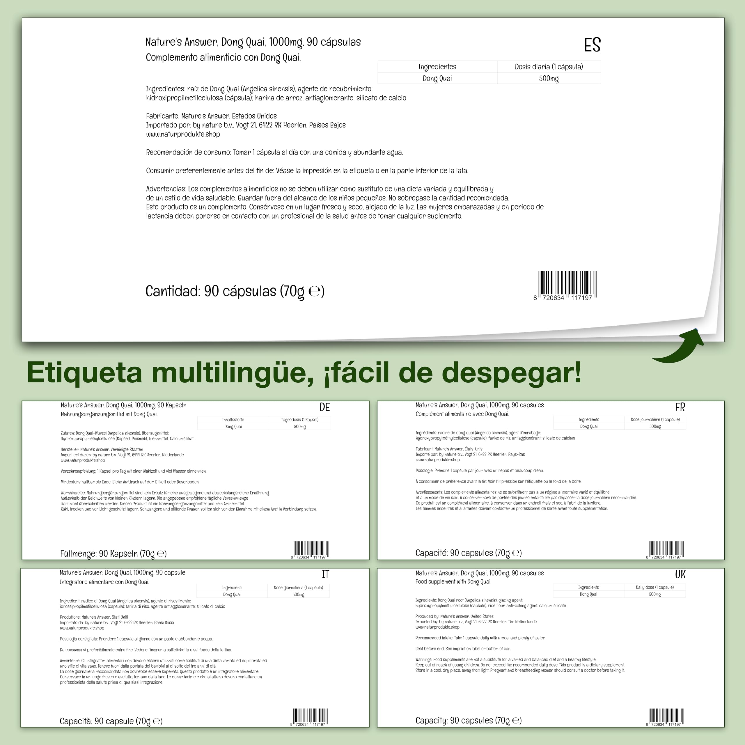 Nature's Answer, Dong Quai, 500mg, 90 Cápsulas veganas, Probado en Laboratorio, Sin Gluten, Sin Soja, Vegetariano, No GMO