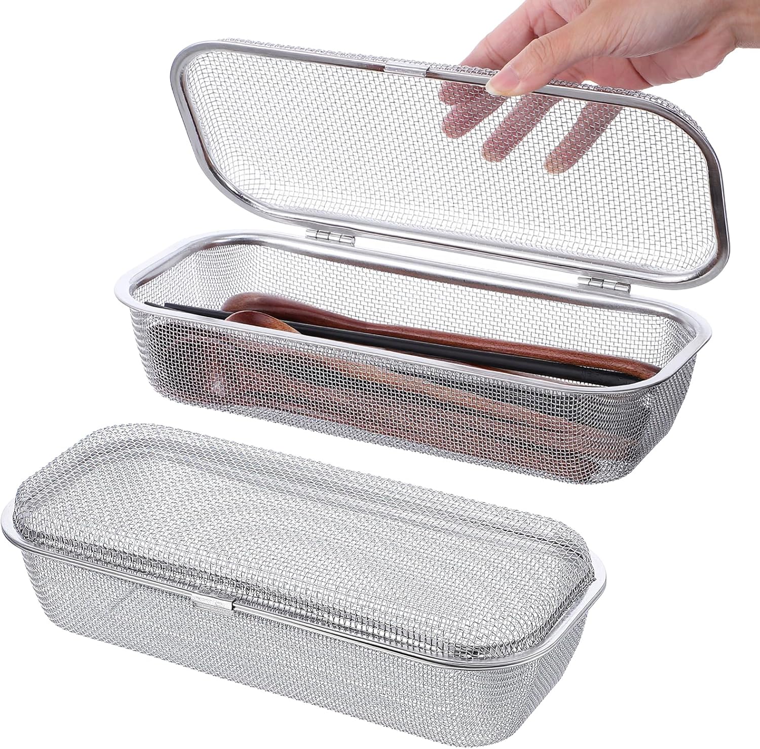 2 Pcs Dishwasher Basket, 18/8 Stainless Steel Dishwasher Silverware Basket, Replacement Utensil Rectangular Mesh Drain for Small Items Bottle Accessories Scoops Forks Chopsticks Cleaning, Large