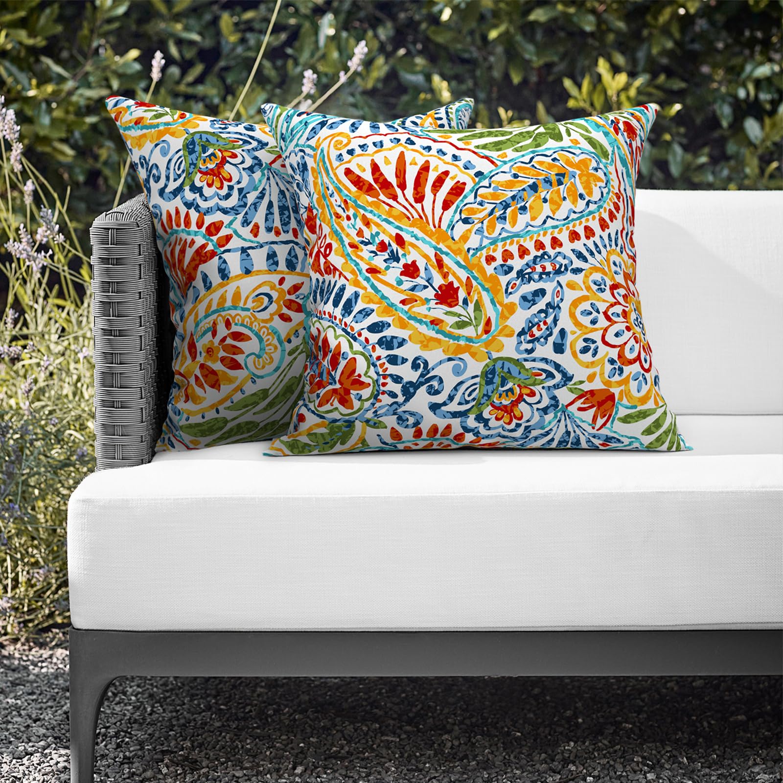 Melody Elephant Outdoor Throw Pillows 16x16 Inch, Water Repellent Patio Pillows with Inners Set of 2, Outdoor Pillows for Patio Furniture Home Garden, Paisley Multi