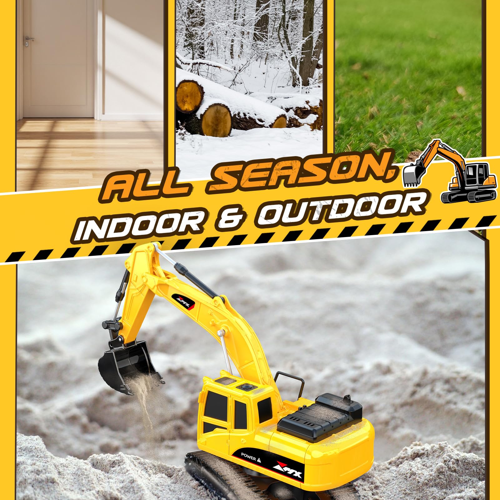 HappyGoLucky 1:24 Excavadora Juguete Teledirigido para Niños 3-9 Años, Camiones Juguete RC Teledirigido 2.4GHz con Grúa Torre y Señales de Tráfico, Luz LED, Mini Excavadora, Regalo Cumpleaños/Navidad