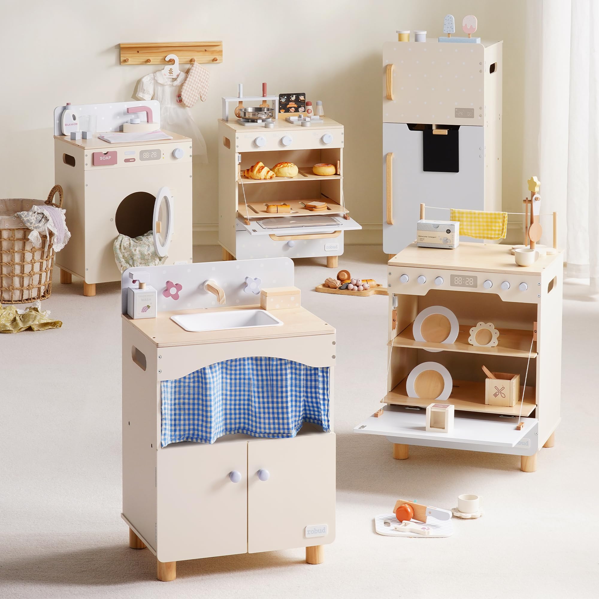 ROBUD Ensemble de jeu en bois pour lave-vaisselle, jeu de rôle avec couverts, assiettes, tasses à café pour enfants, tout-petits, cadeau de cuisine pour garçons et filles à partir de 3 ans