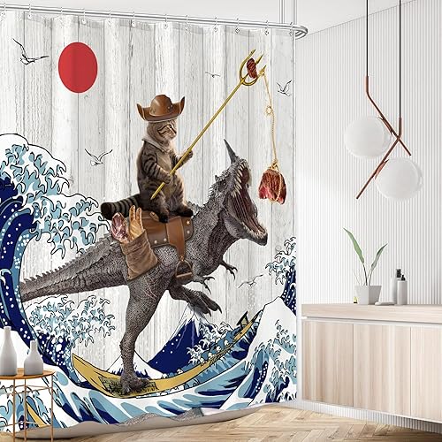 Miniatura 8 de Fowocu Divertida cortina de ducha de dinosaurio con diseño de gato japonés con ondas oceánicas, cortinas de ducha de tela impermeable para baño de