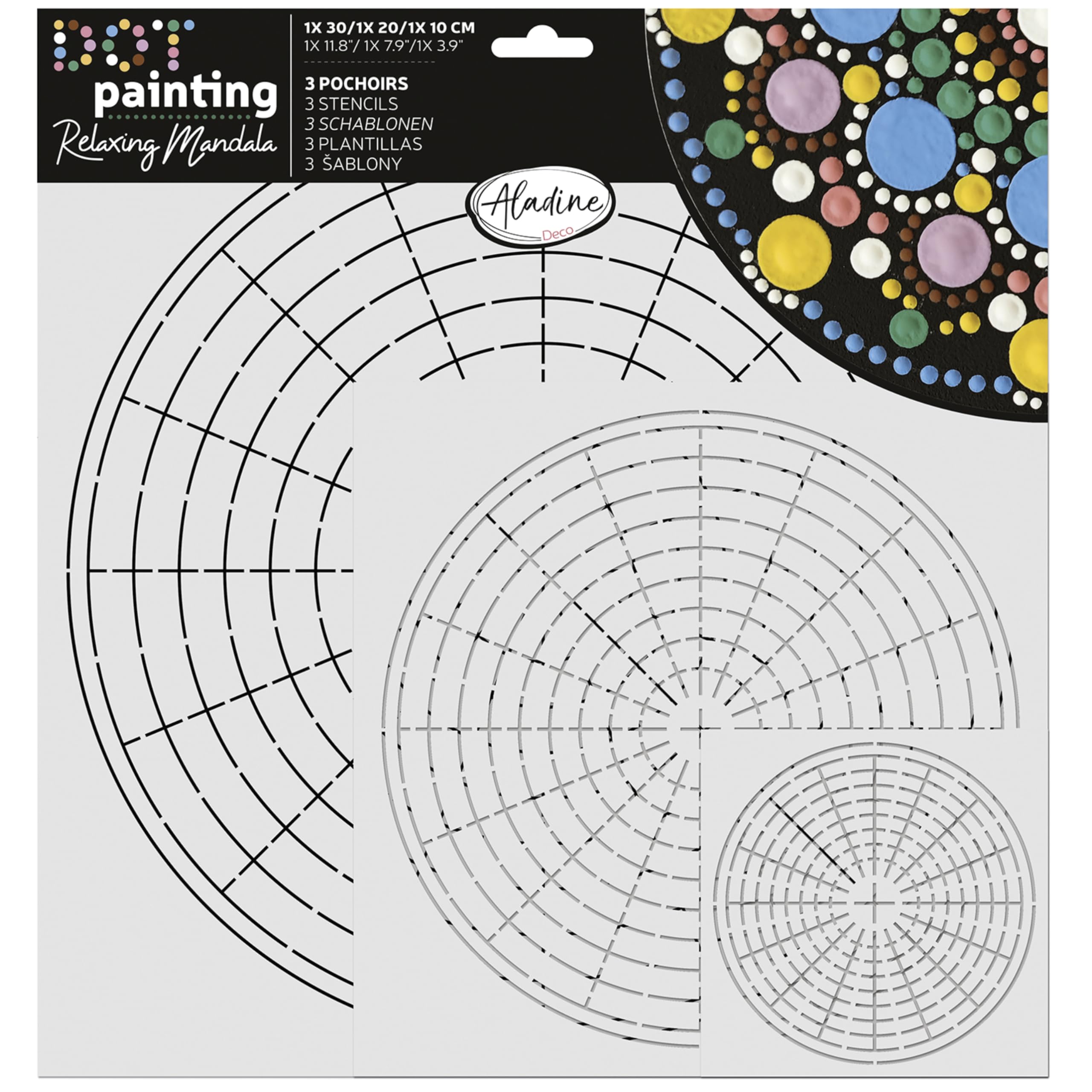 Aladine - 3 Template Stencils for Mandalas & Dot Painting - Geometic Circles with Lines to Create Mandalas - 81275