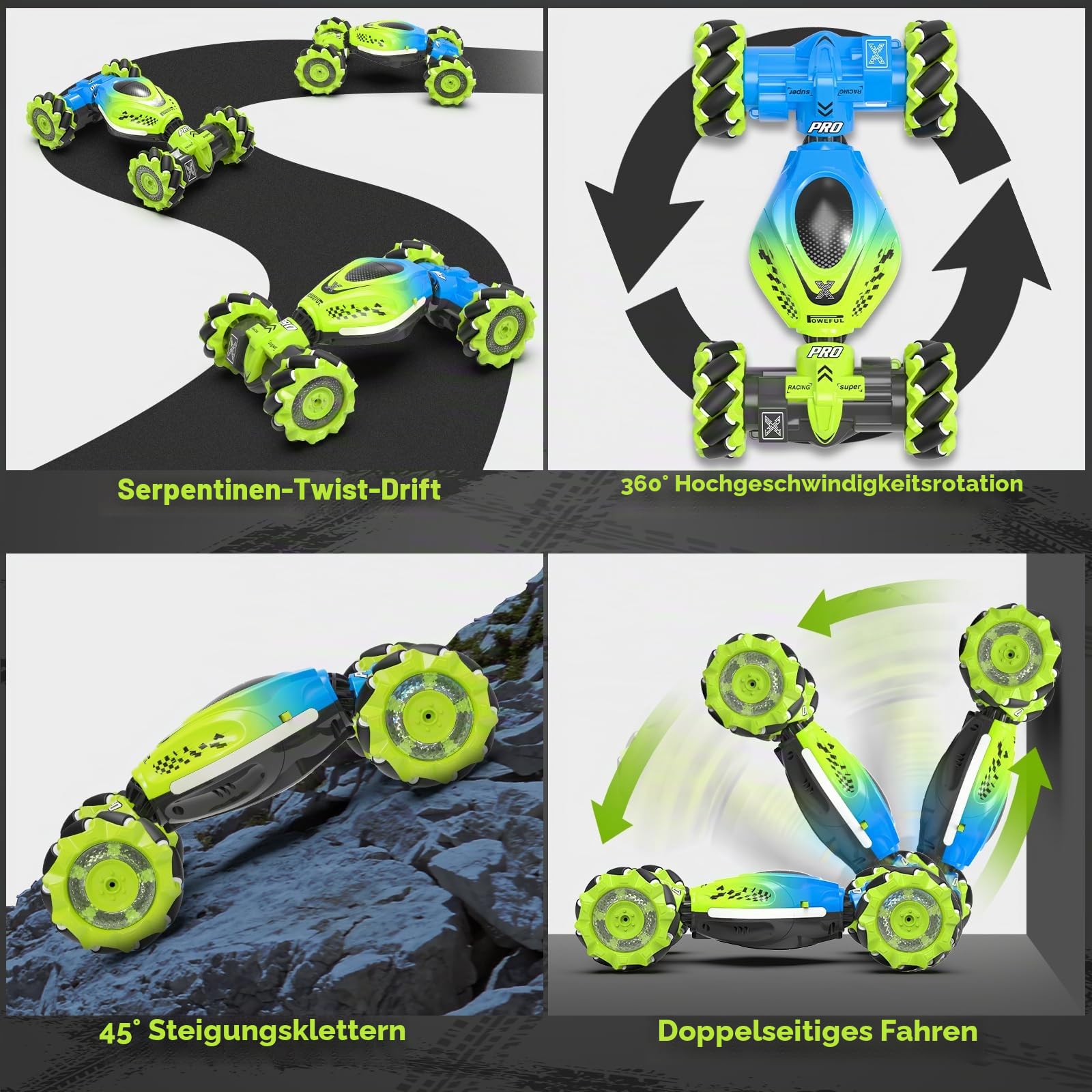 Dysaim Ferngesteuertes Auto RC Stunt Car Ferngesteuerte Auto mit Handsteuerung 2,4 GHz 4WD 360° Drehung Crawler Offroad 2 Akku Weihnachten Geschenk Spielzeug für Junge Mädchen ab 6 7 8 9 10 12 Jahre