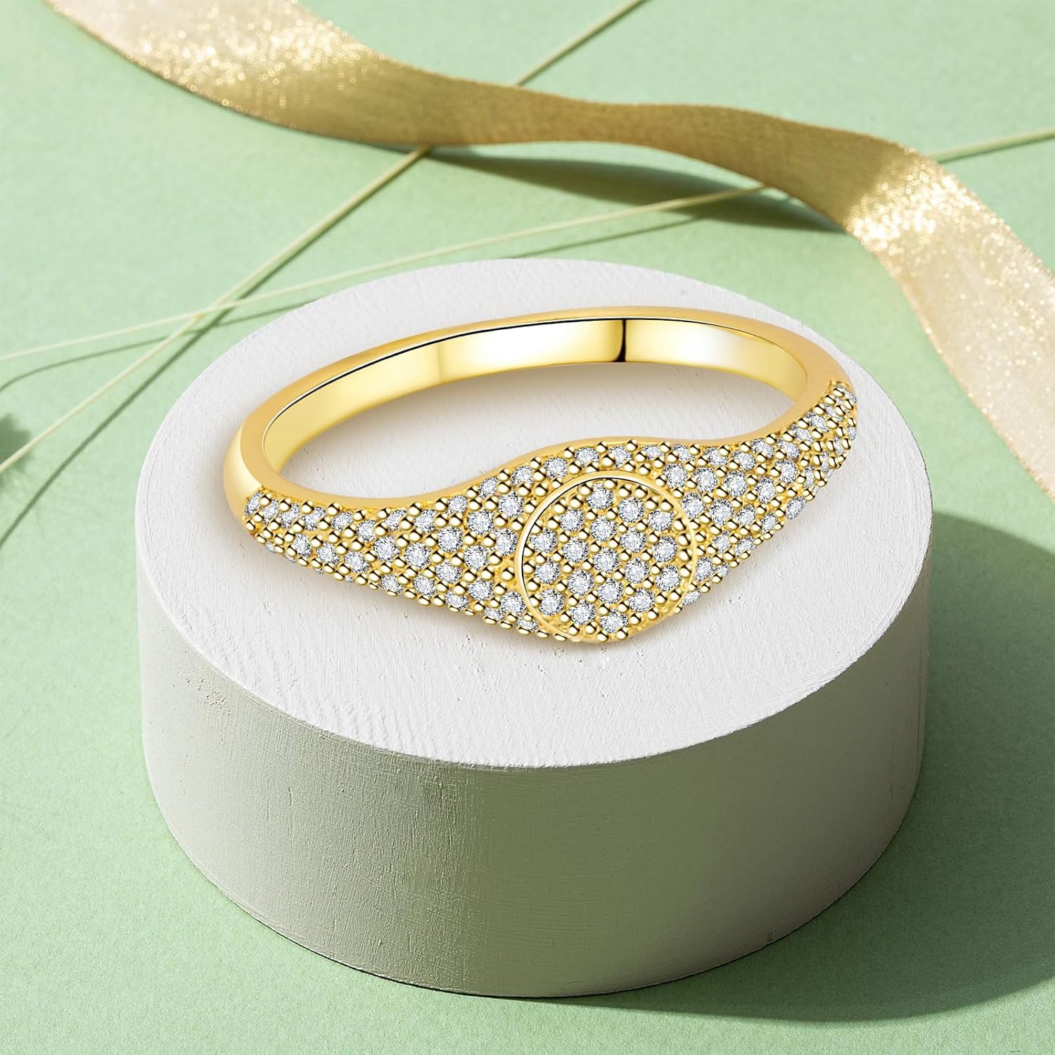 18K Gold Plated Stacking Signet Rings for Women, Gold Zirconia Diamond Eternity Ring Wedding Bands CZ Engagement Rings - Image 5