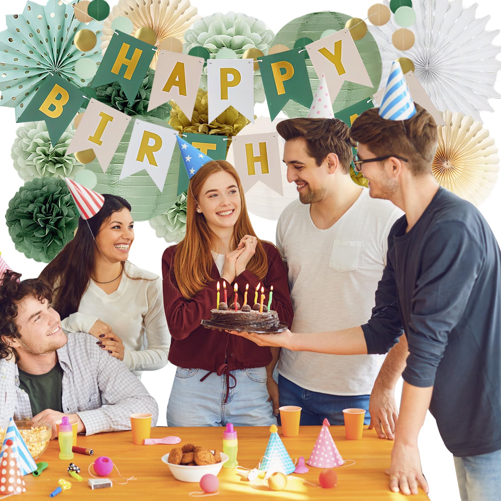 Verde salvia, decorazione di compleanno, decorazioni per feste di compleanno, verde salvia, verde salvia, verde salvia, carta velina, oro, pom poms, sacchetti di carta velina d'oliva, per decorazioni