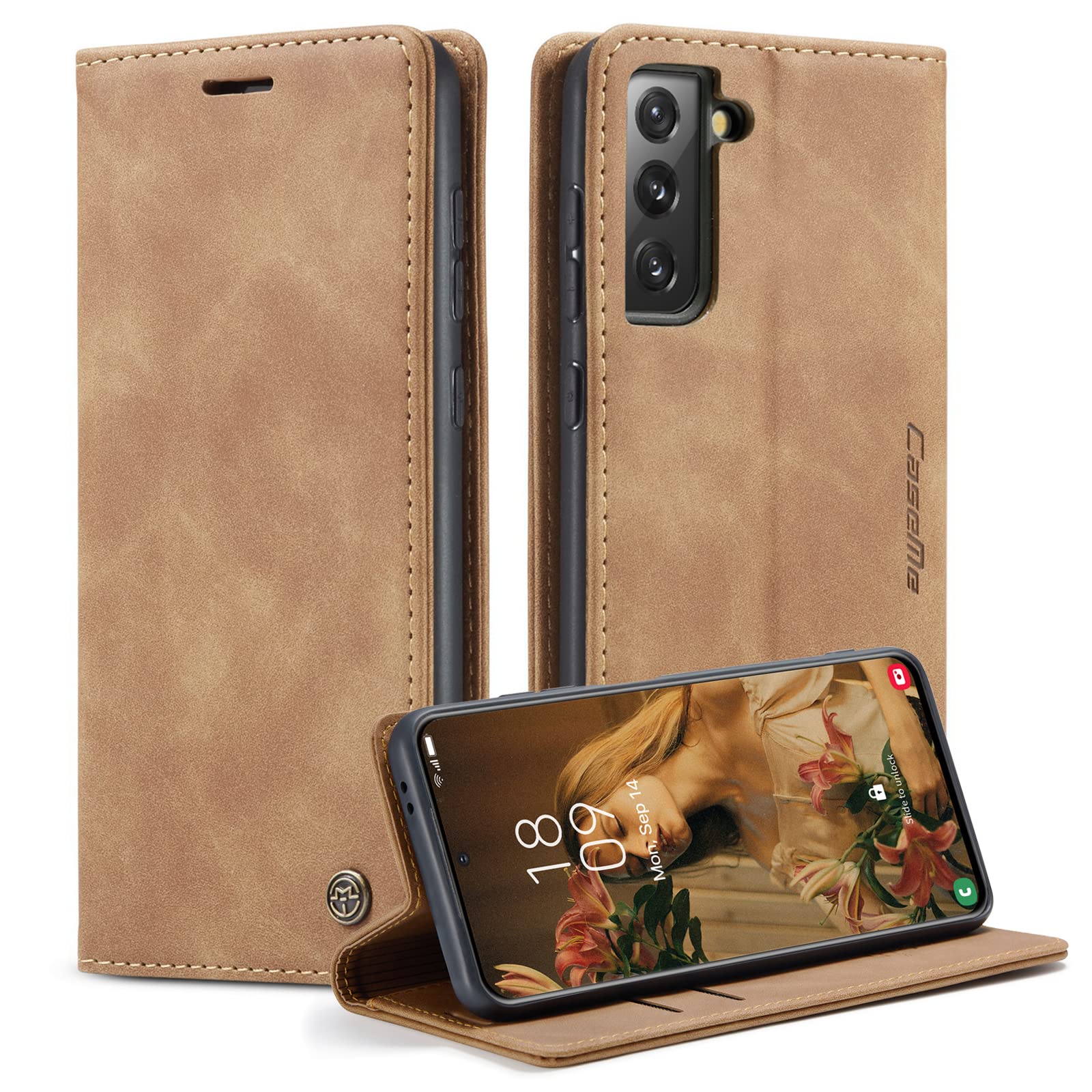 CaseMe Handyhülle für Samsung Galaxy S21 5G Hülle Premium Leder Klappbar Flip Case Magnet Kartenfach Standfunktion Tasche Schutzhülle für Samsung Galaxy S21 5G (6.2 Zoll) - Braun