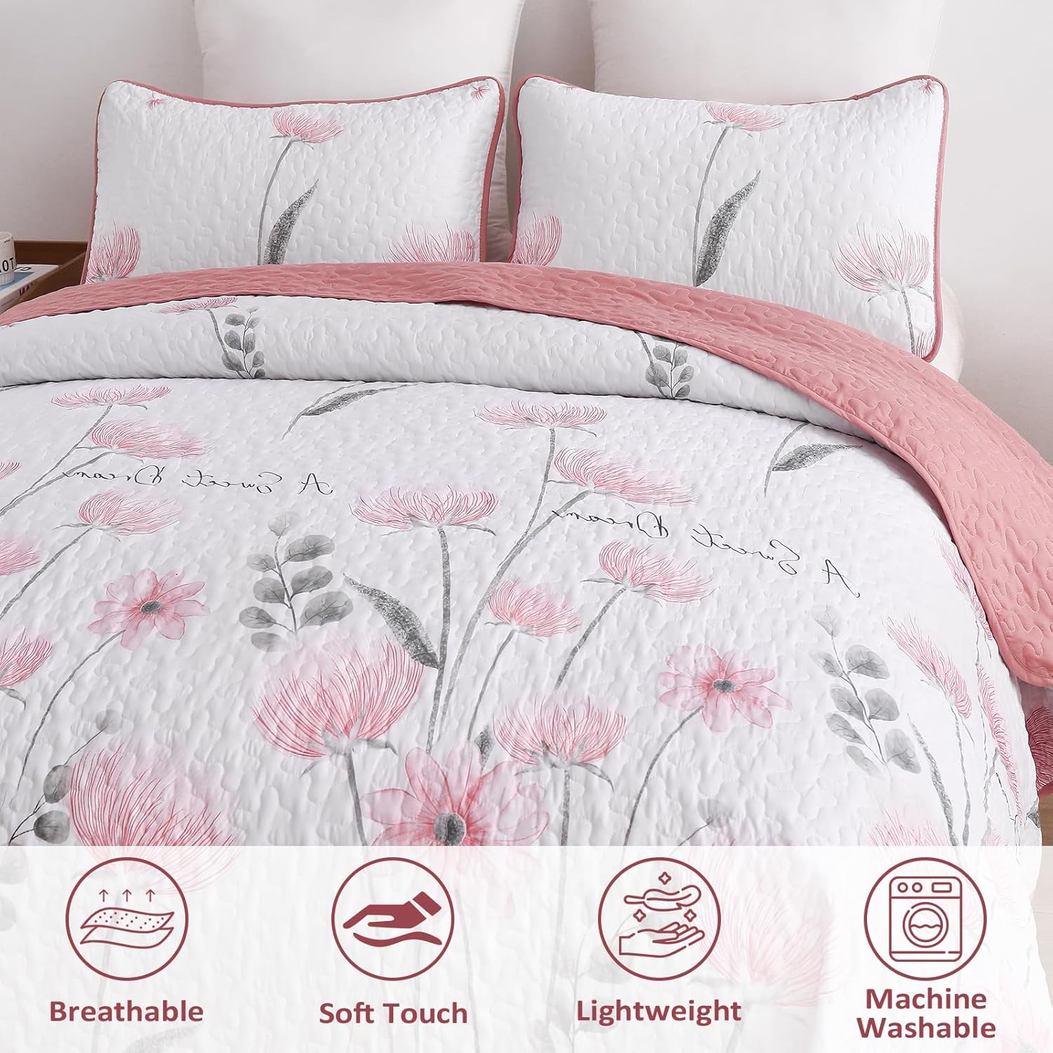 Dinjoy Floral Quilt Set Twin Size, Pink Bedspreads for Girls 2 Pieces Cute Summer Bedding Set Lightweight Farmhouse Quilts Soft Flower White Coverlet Sets for Women 68"x86" - Image 4