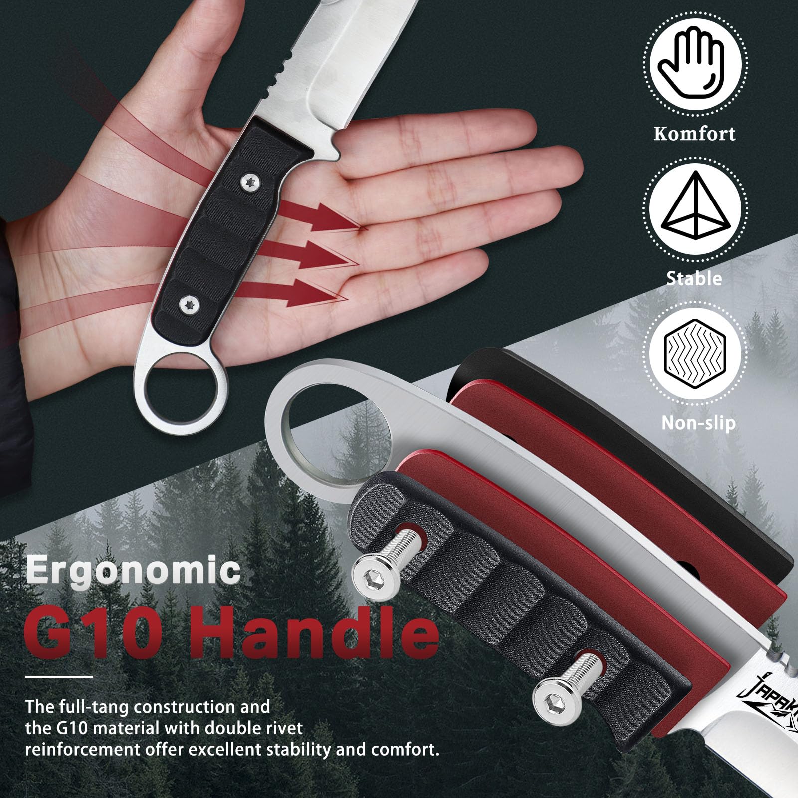 Japaknives Cuchillo para exteriores pequeño, hoja fija de 9 cm, G10, Negro | Cuchillo versátil con vaina y espiga completa para acampada, un regalo para hombres
