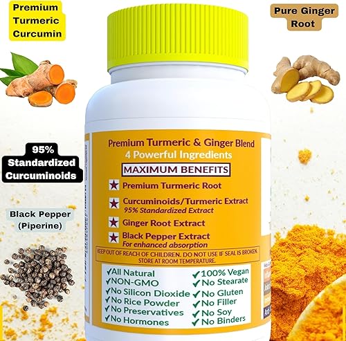 Miniatura 3 de Cápsulas de cúrcuma prémium con jengibre y pimienta negra. Suplemento de cúrcuma de cúrcuma curcumina 95% curcuminoides y raíz de jengibre. Polvo