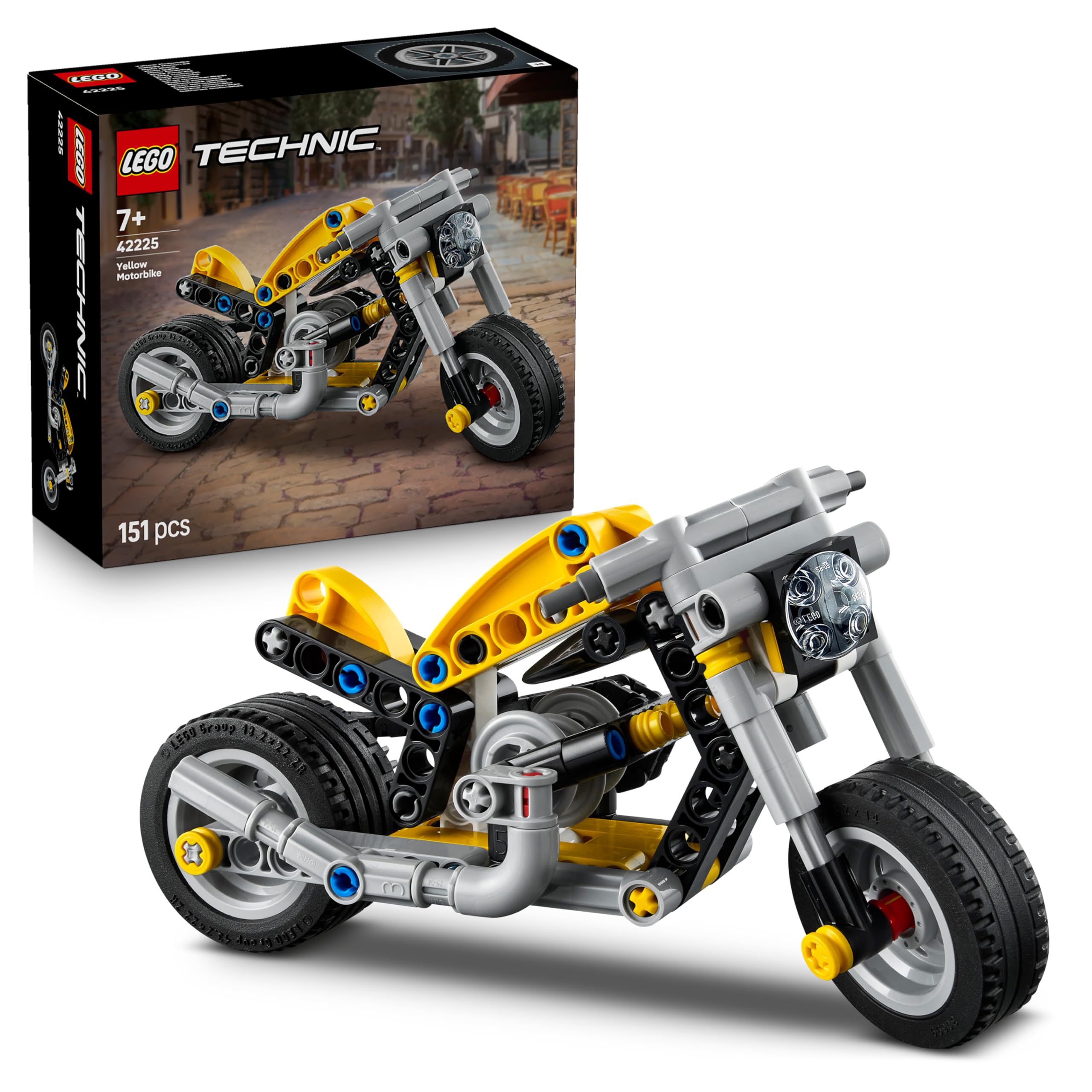 LEGO Technic Yellow Motorbike Toy - Vehicle Model Building Kit w/ 3-Piston Engine - STEM Birthday Gift for 7+ Year Old Boys & Engineering Fans - 42225