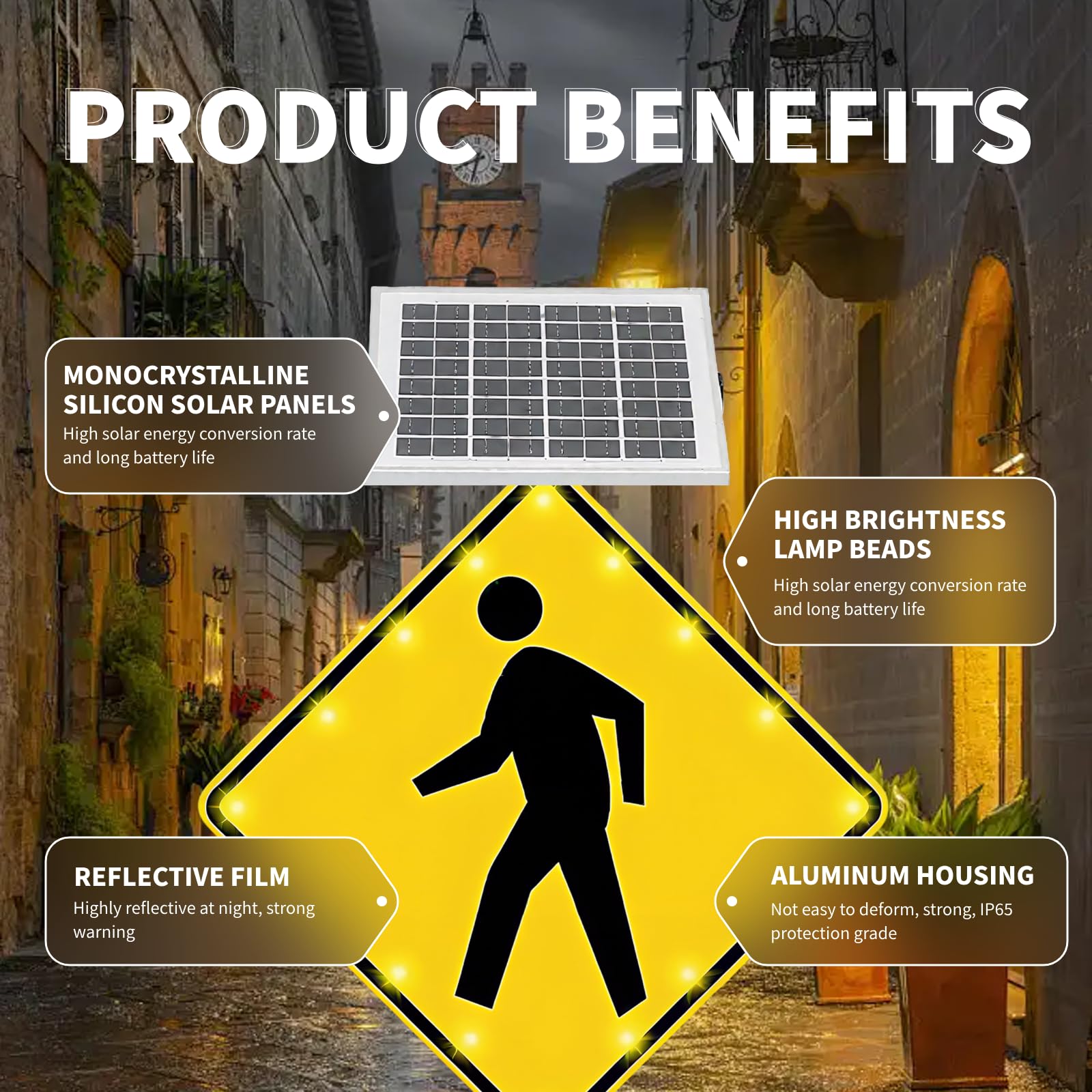 ZHENYUWANG Señal de Paso de peatones de 24 Pulgadas alimentada por energía Solar, señal de tráfico Intermitente LED para Paso de peatones, clasificación de protección IP65 24in