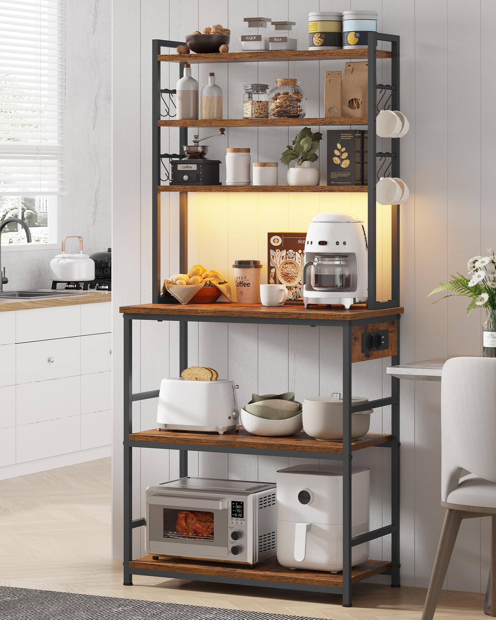 Estantería para panadería, Estante de Cocina, Estante de Panadería con LED, Estante de Pie con Enchufes, Mueble para Microondas, 8 Ganchos en S, para Pasillo, Cocina, Salón, 40 x 80 x 174 cm, Marrón