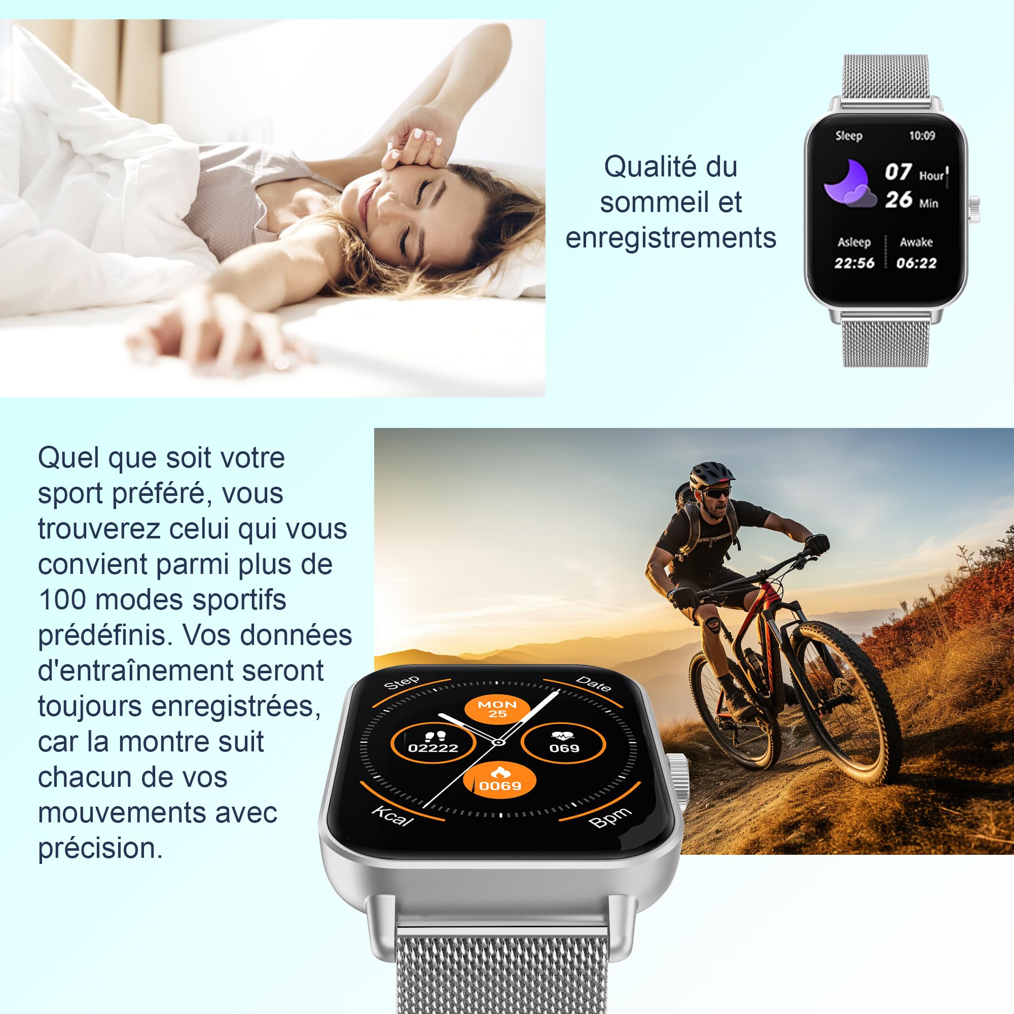Digitec Montre connectée Square argentée avec Bracelet en Acier Maille milanaise argentée, Homme Femme, Suivi activité et Sommeil