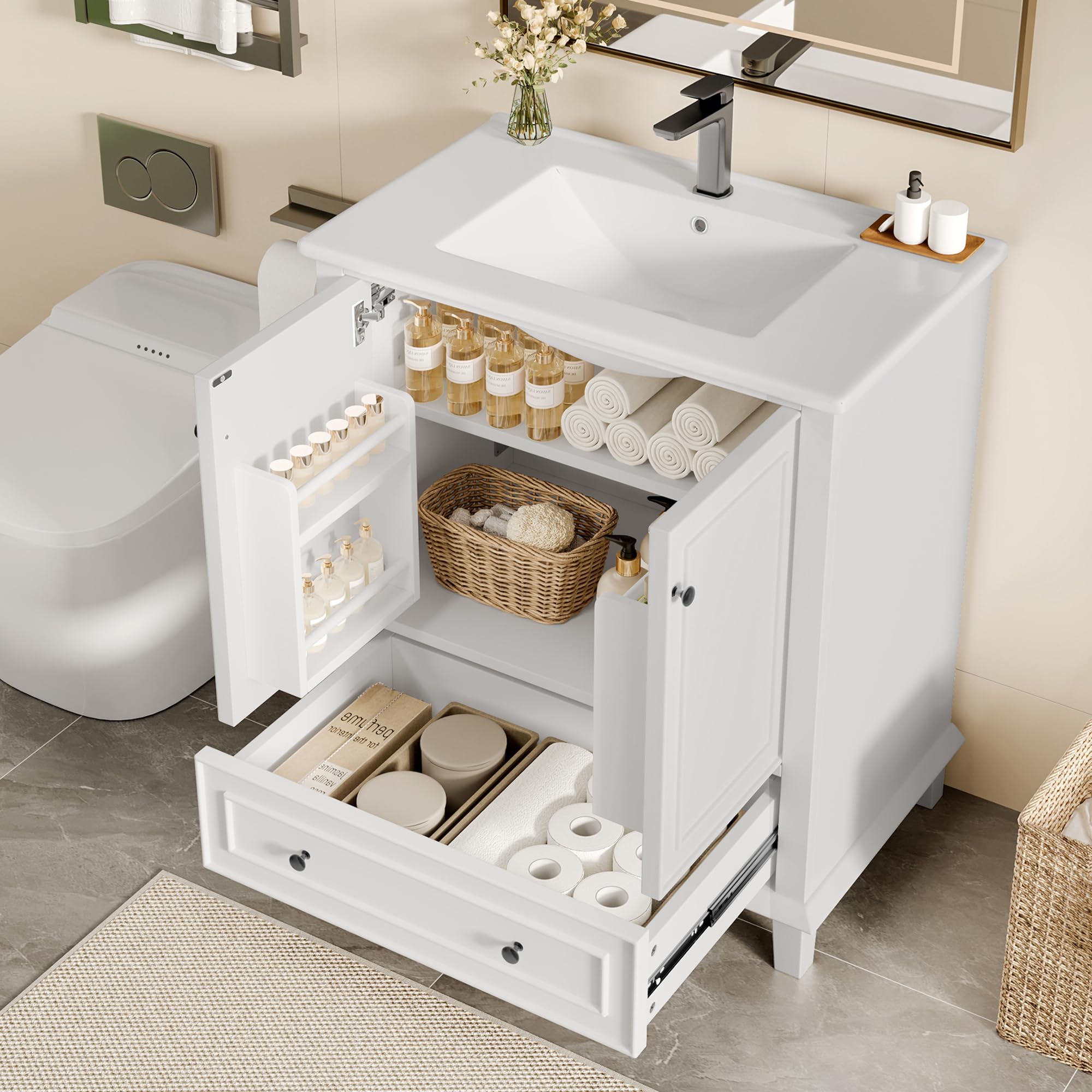 76x46x87cm Bodenstehender Badezimmerschrank mit Waschbeck,Waschtisch,Beine aus Massivholz,MDF-Material,integriertes Keramikwaschbecken (Weiß,76x46x87cm)