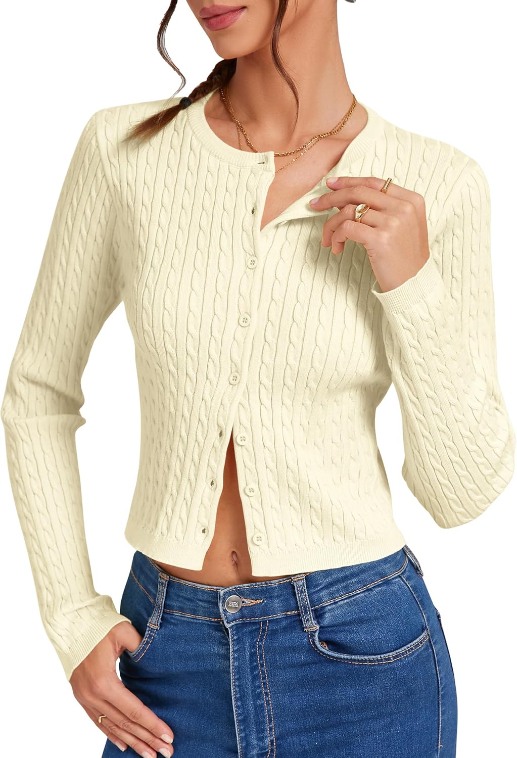 Women's Cropped Cable Knit Cardigan Short 2025 Fall Long Sleeve Lightweight Button Up Sweater - Image 4