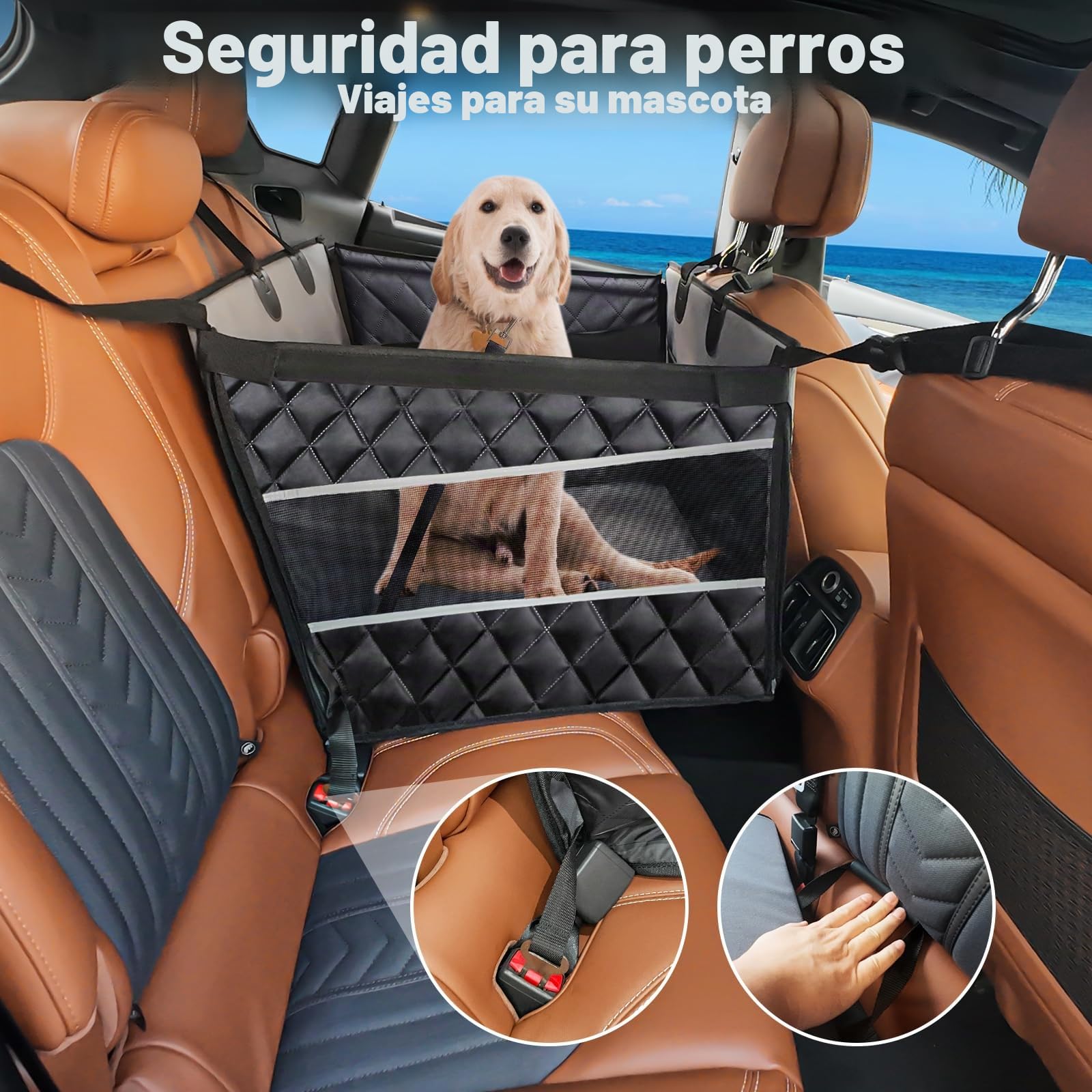 MIXJOY asiento de coche extra estable, resistente al agua, antideslizante para perros medianos y grandes, asiento reforzado con 4 correas de fijación