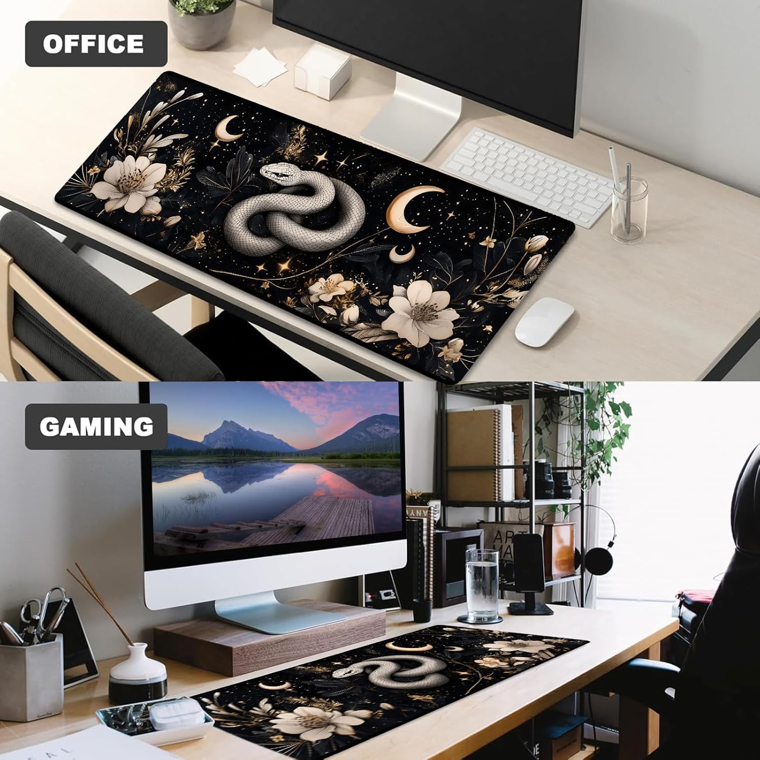Celestial Snake and Moon Gaming Mouse Pad – 12x31.5in Non-Slip Rubber Desk Mat with Mystical Floral Design – Large Extended Mousepad for Office Home – Deskmat Gifts for Gothic Astrology Decor - Image 3