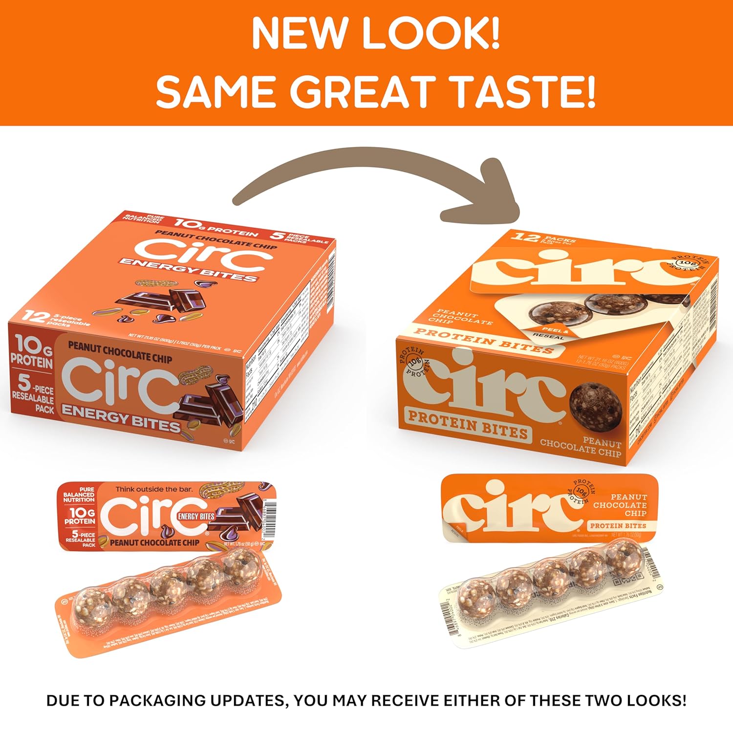 CirC Energy Bites - 12 Pack Peanut Chocolate Chip Gluten Free Protein Balls - 10g Protein, Whole Grains, Nuts & Fruit - Portable Healthy Snacks for Adults & Kids, 5 Piece Resealable Packs