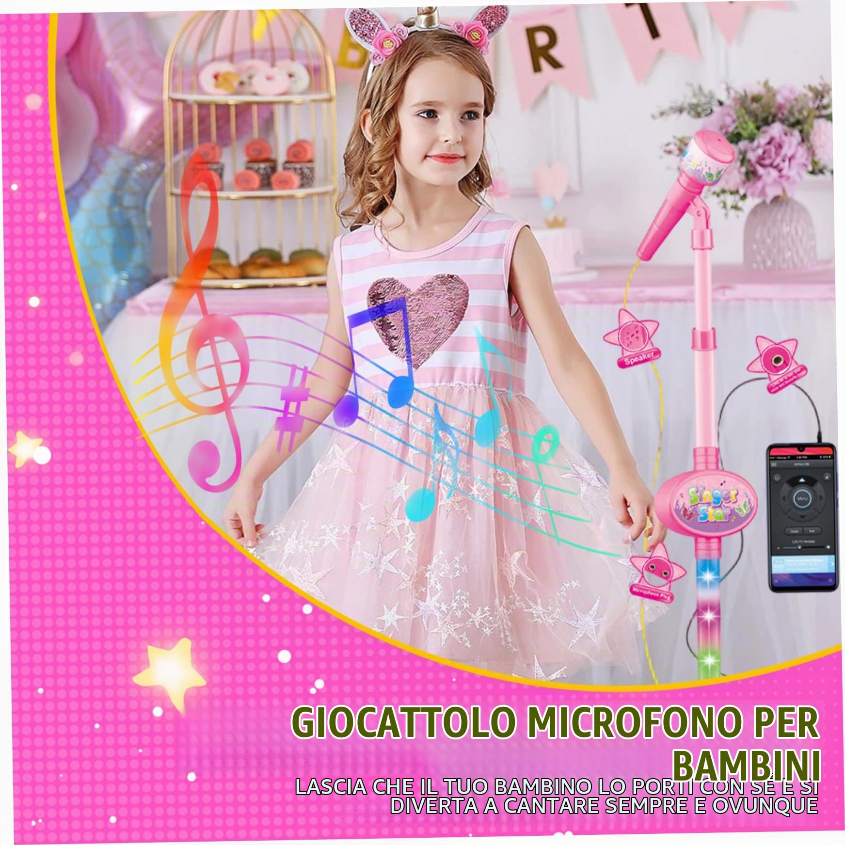 Imparare giocattoli, chitarra e microfono per bambini, chitarra giocattolo con musica e luce, altezza regolabile 2 in 1 microfono per bambini con supporto, apprendimento di strumenti giocattoli