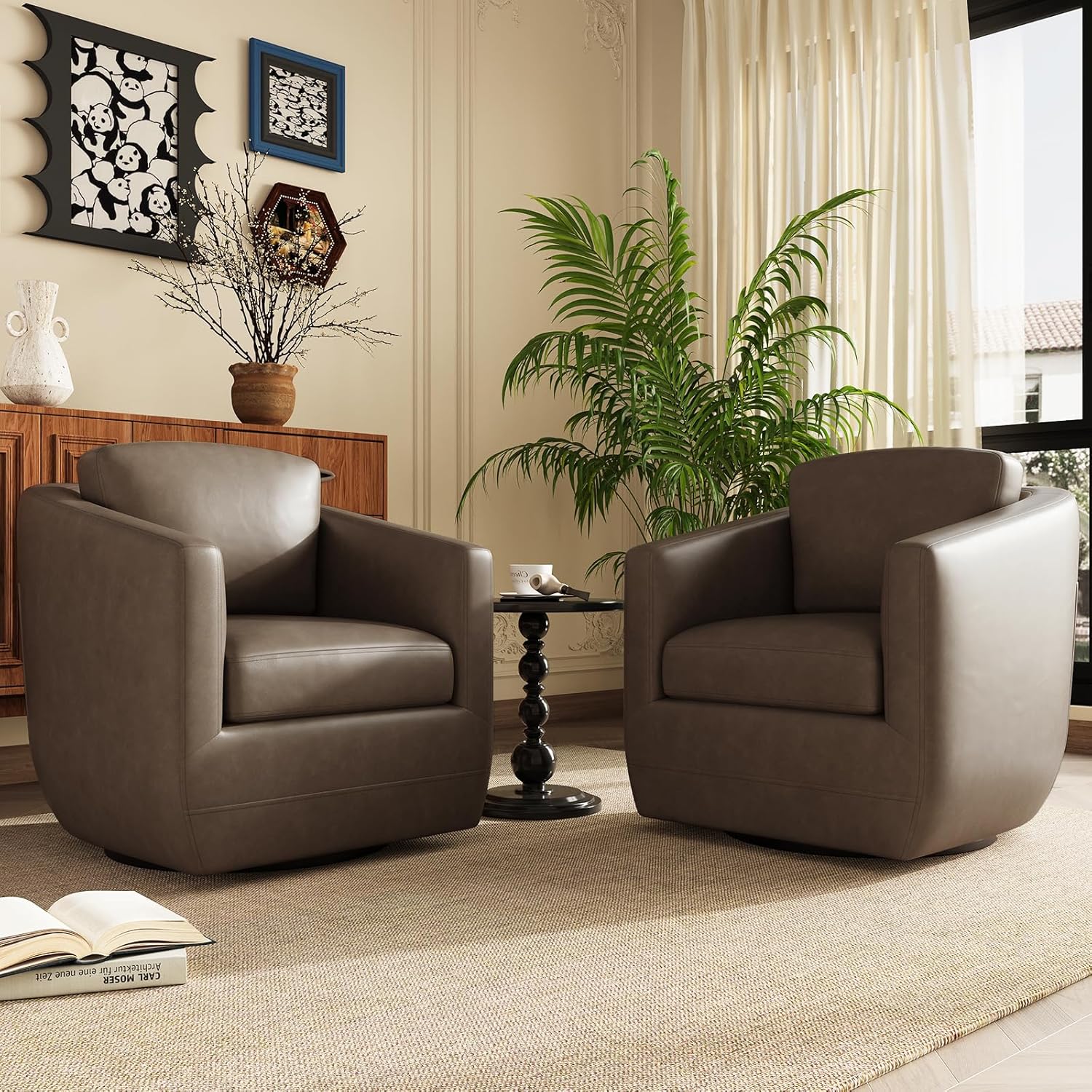 (One Chair) COLAMY 360° Swivel Accent Chair Set of 2 with Pillow, Leather Living Room Armchair No-Sag Foam & Sturdy Metal Base, Fully Assembled Swivel Single Sofa for Bedroom Living Room, Reading Room, Wolf Grey Wolf Grey Set of 2