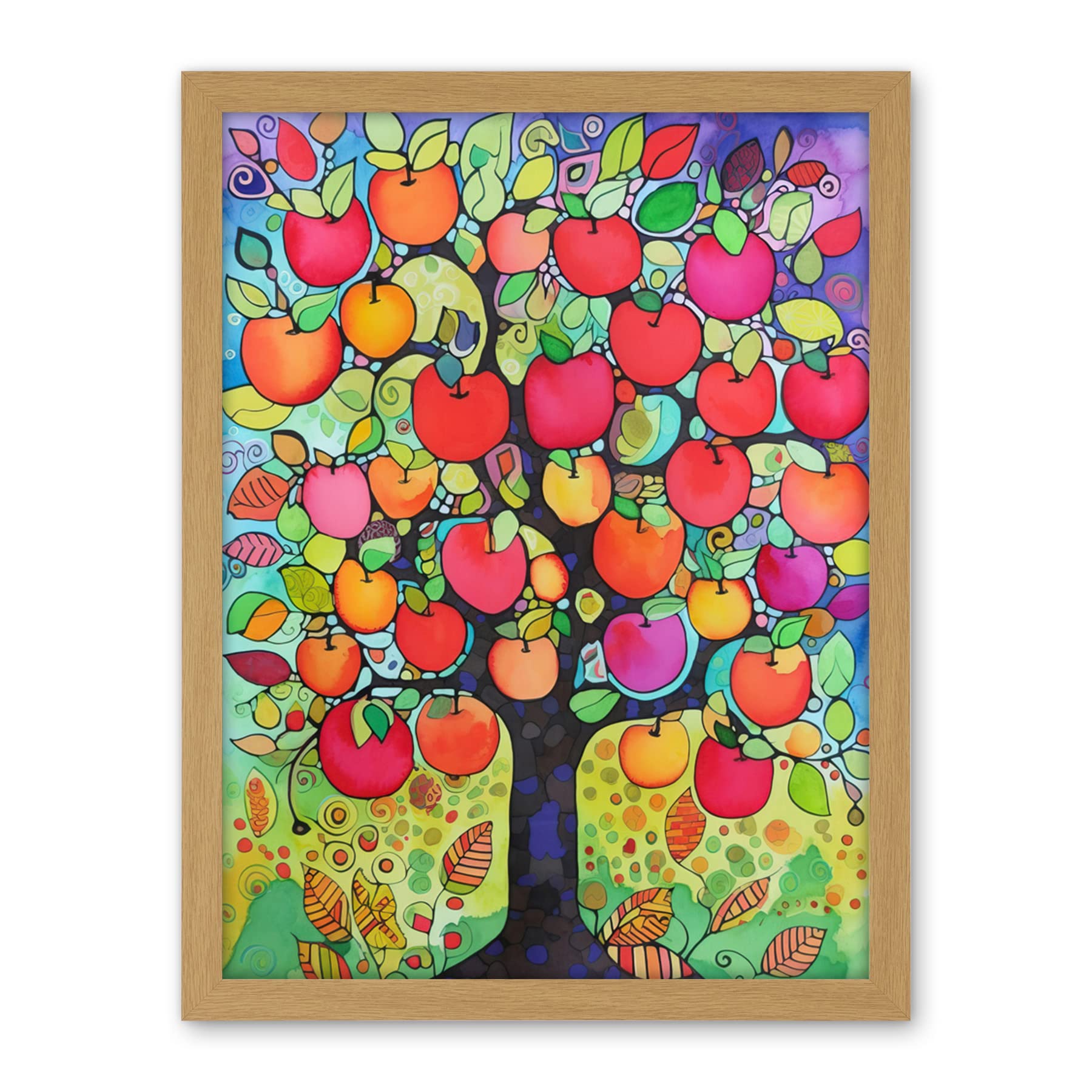 Artery8 Apple Tree Folk Art Bright Watercolour Painting Artwork Framed Wall Art Print 18X24 Inch