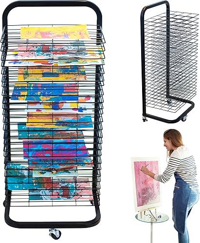 Estante de secado de arte para el aula Estante de secado de pintura funcional y móvil 25 estantes extraíbles Almacenamiento de arte de lienzo