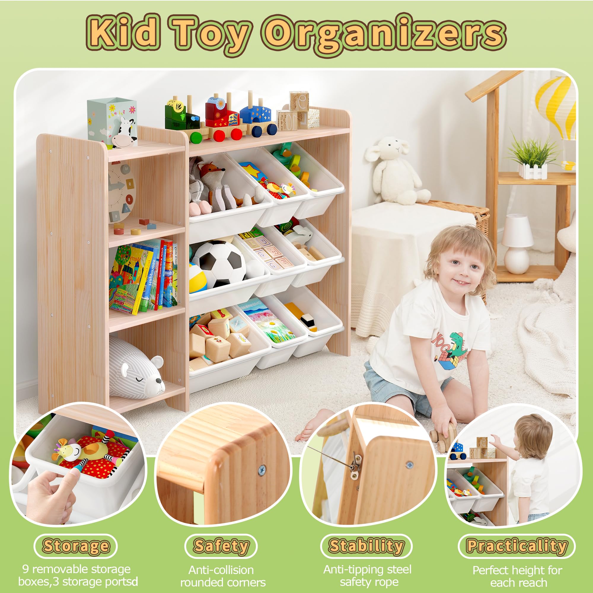 MallBest 4-poziomowy organizer do przechowywania zabawek dla dzieci, 100% lite drewno, szafka do przechowywania dla dzieci z 9 plastikowymi pojemnikami i 3 portami do przechowywania (lakier