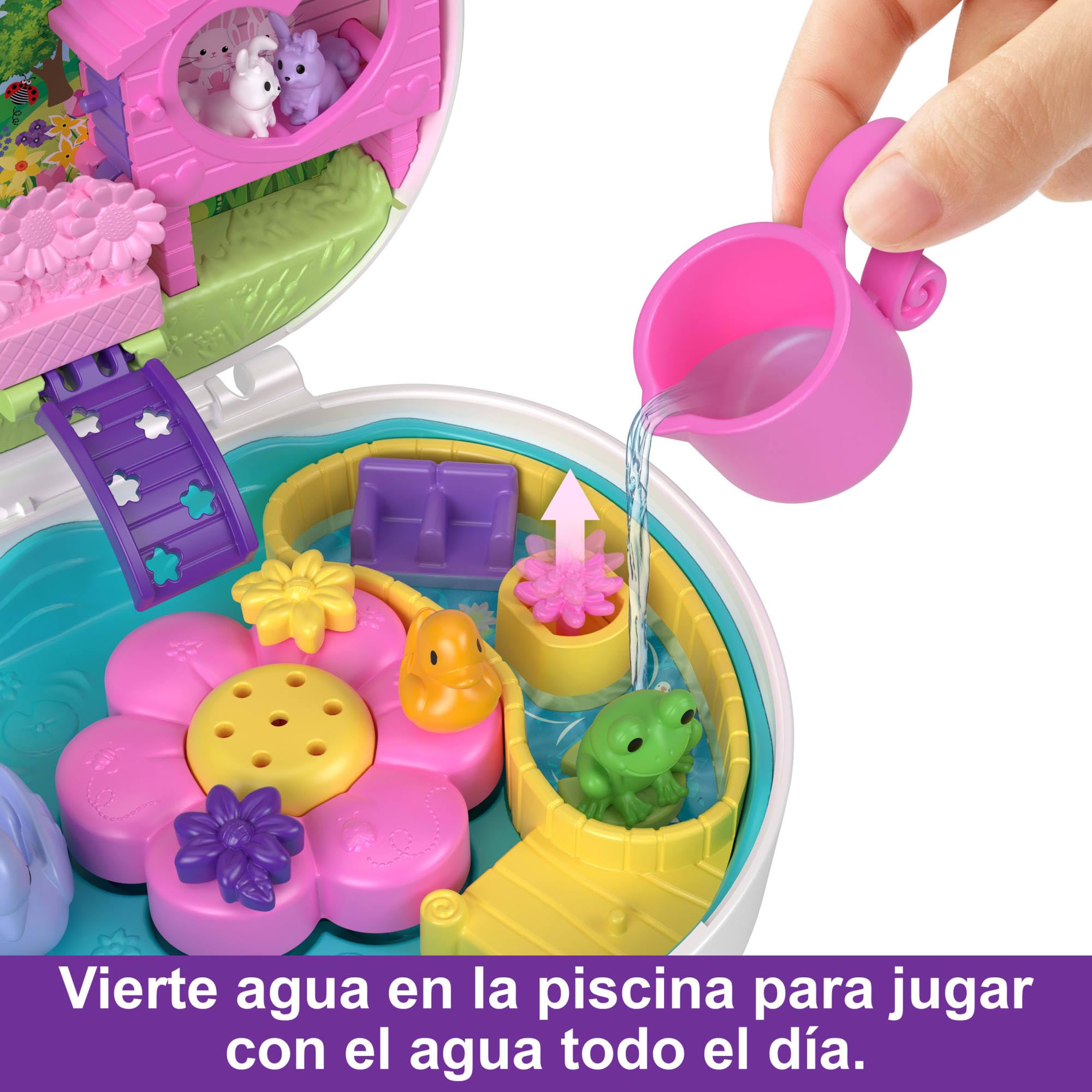 Polly Pocke Conejito de jardín con flores Estuche, conjunto de juego y muñecas, juguetes de animales, incluye juegos acuáticos y 2 piezas con cambio de color, HKV36
