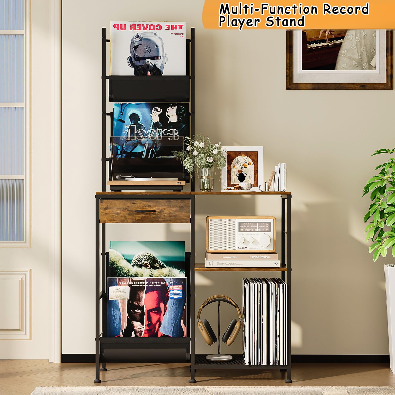VEDECASA Scaffale per dischi in vinile con 1 cassetto e 3 ripiani, mensola vintage in legno e metallo per fino a 150 dischi in vinile, supporto LP con ripiano per giradischi, tavolino laterale per