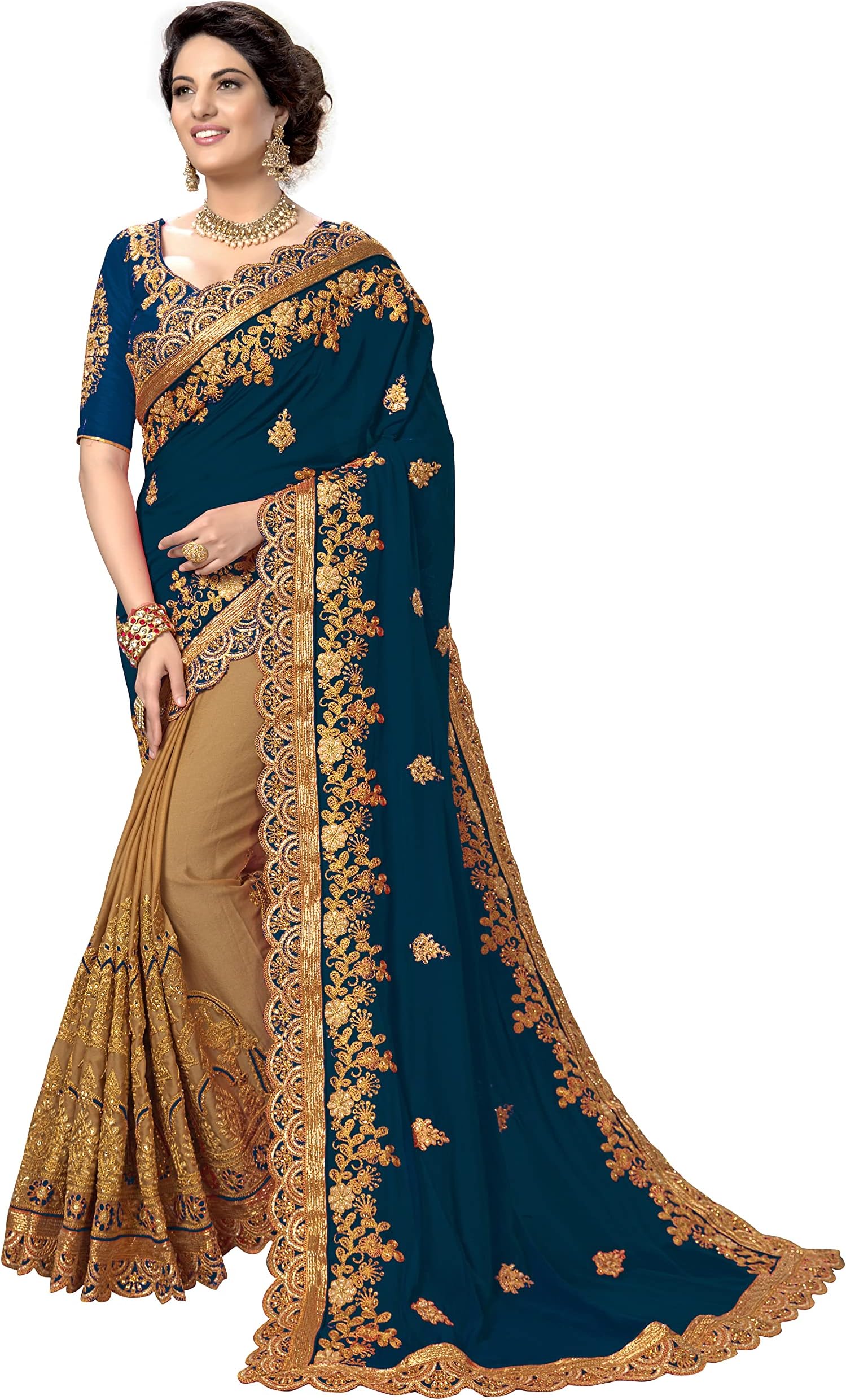 TRENDMALLS Women's Silk Satin Embroidery Saree with Unstitched Blouse (K810-Morpeach), Teal Blue
