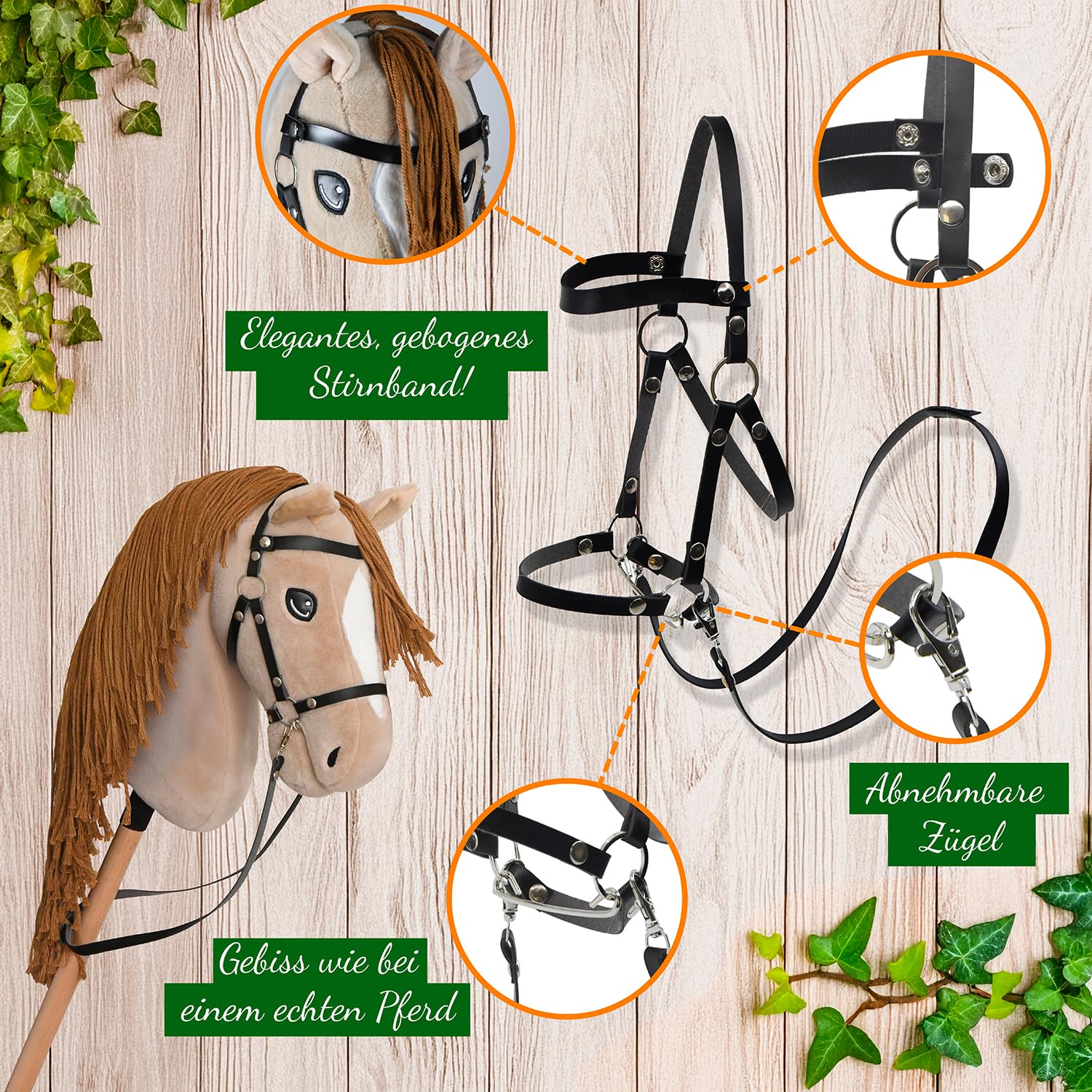 Hobby Horse Beige A3, Pferd, komplett mit Netz, Gebiss, Zügel, Halfter und Insektenmütze, schwarz und weiß, Pferdekopf, Stab für Hobby Horsing Kinder und Jugendliche