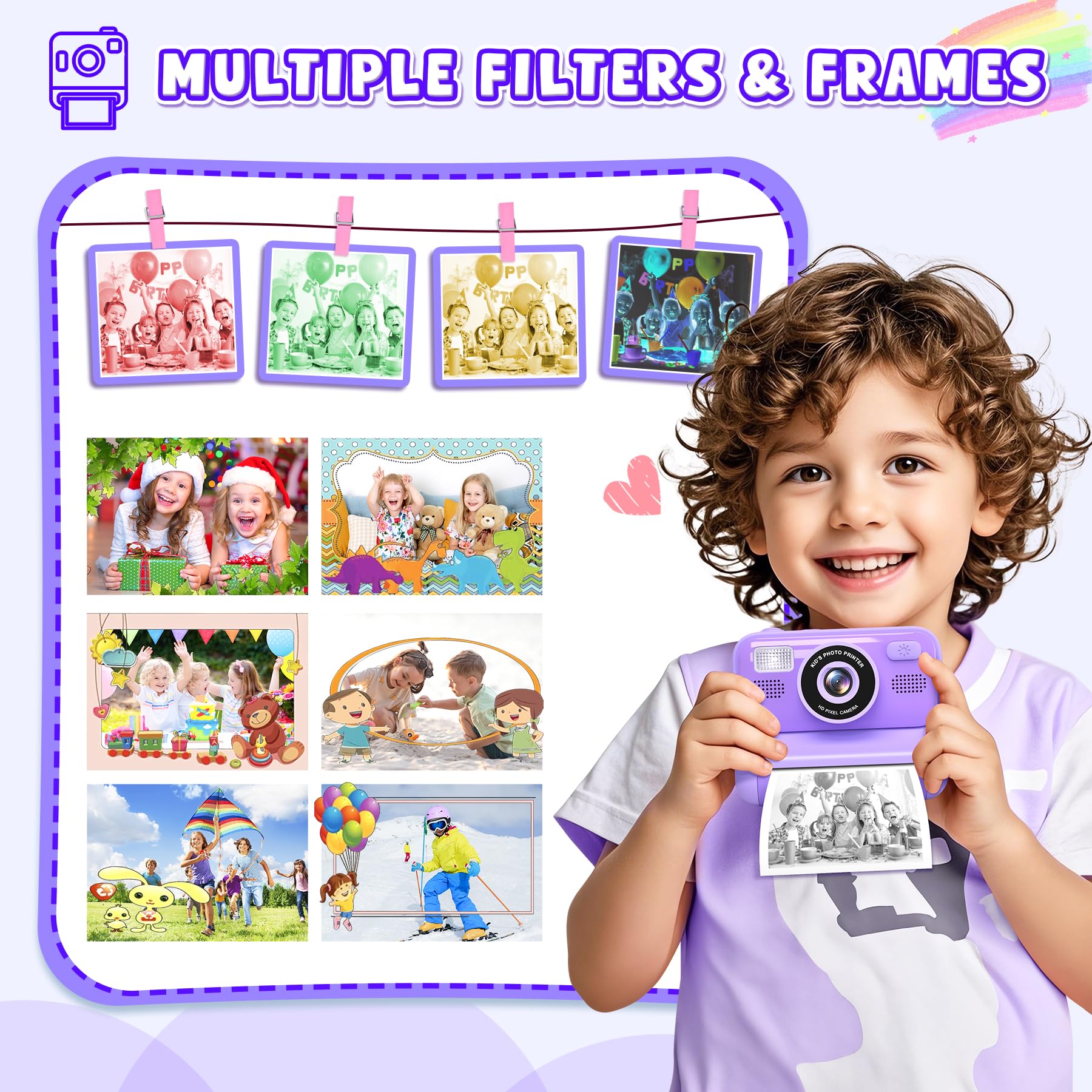 Subtail Appareil Photo Instantané Enfant - 2.4 Écran Appareil Photo Numérique Enfant avec Mode Selfie et Carte 32GB et Papier d'impression - Cadeau Jouet pour Enfant Garçons Filles de 3-12 Ans -Violet