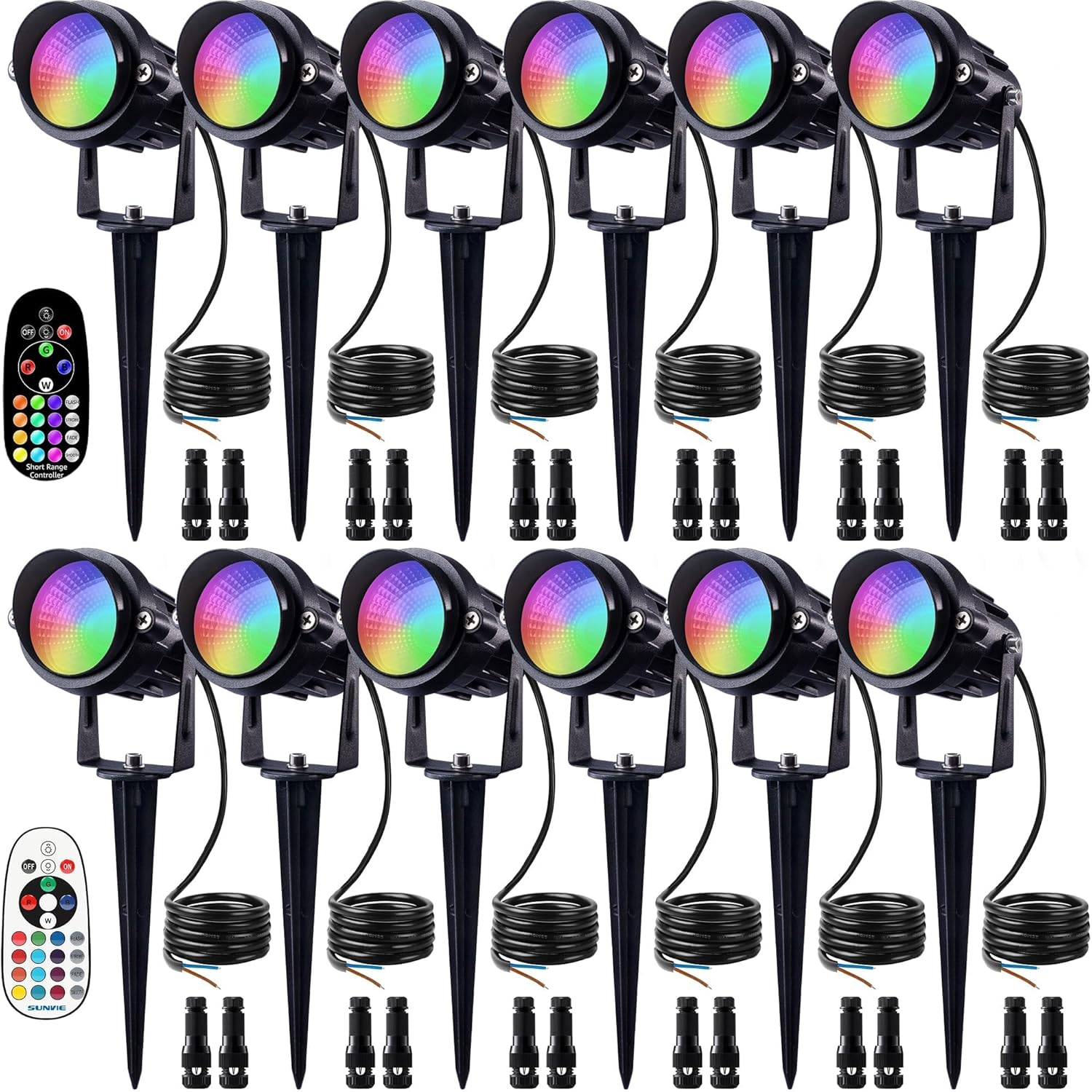 SUNVIE RGB Halloween Low Voltage Landscape Lights Color Changing 12W LED Landscape Lighting Outdoor Waterproof Remote Control for Garden Pathway Christmas Decorative Lighting, 12 Pack with Connector