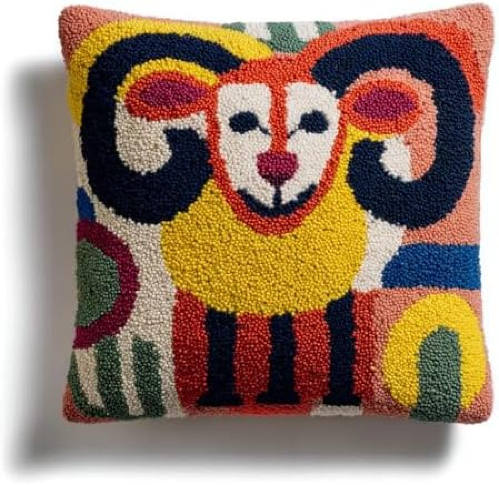 kitphoenix DIY Cushion Cover Craft Kit for Adults,Bighorn Sheep Terracotta Geometric Patterns,Latch Hook Embroidery Kit with Printed Canvas,Yarn and Hook,43x43 cm Home Décor