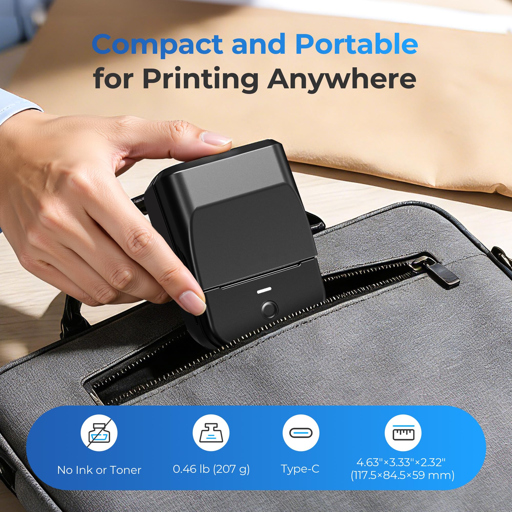 PM240 Mini stampante etichette adesive Bluetooth, stampante per adesivi da 2 pollici, ricaricabile, dotata di 3 rotoli di nastri e modelli per ufficio e casa.