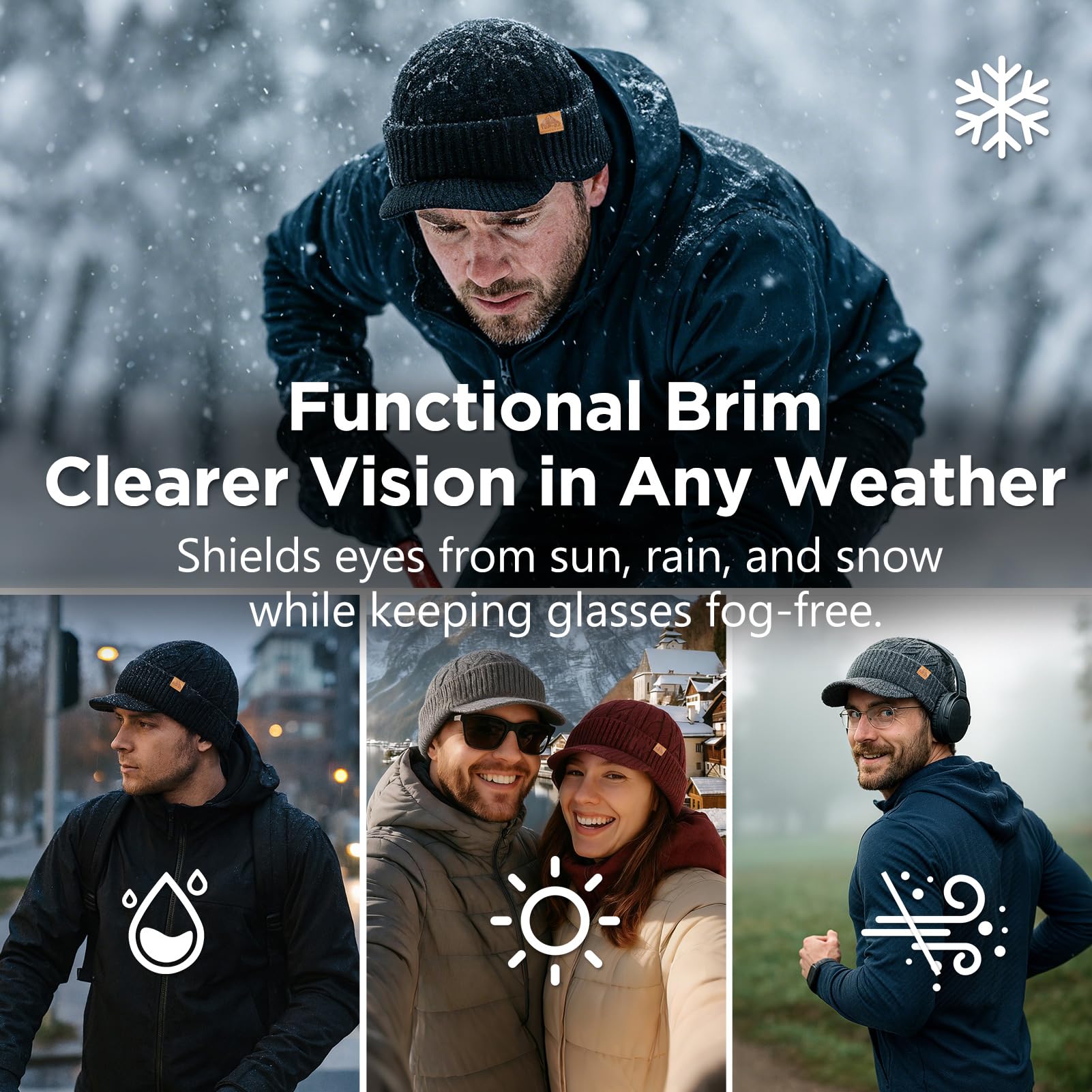 DryKnit Bonnet imperméable en laine mérinos L/XL/XXL avec visière à bord, bonnet d'hiver chaud pour homme et femme