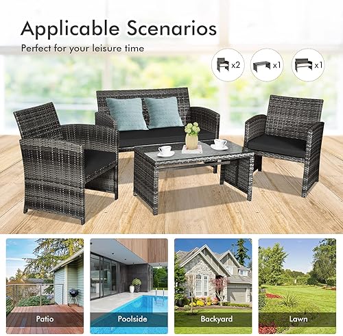 Miniatura 8 de Goplus Juego de muebles de ratán de 4 piezas, sofá de conversación de mimbre para exteriores con cojines resistentes a la intemperie y mesa de