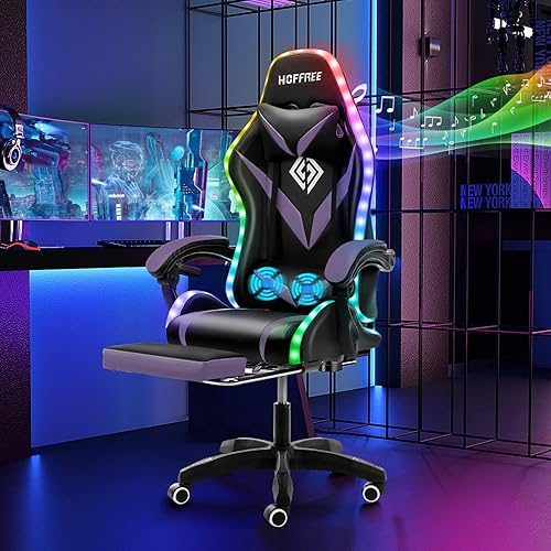 HOFFREE Gaming Chair Massage with Bluetooth Speakers and Led Lights Ergonomic Computer Gaming Chair with Footrest RGB Video Game Chair with High Back Lumbar Support Purple and Black