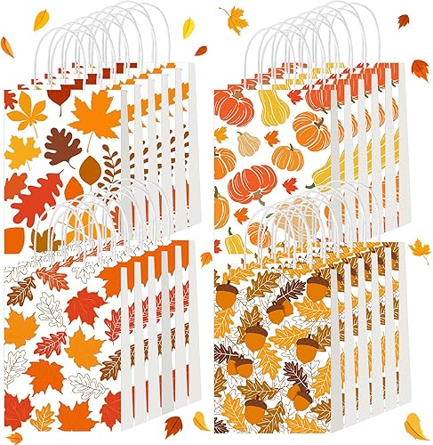 Glenmal 24 bolsas de regalo de otoño, bolsa de regalo de Acción de Gracias con asa, diseño de hoja de arce, calabaza, castaño, bolsas de regalo de