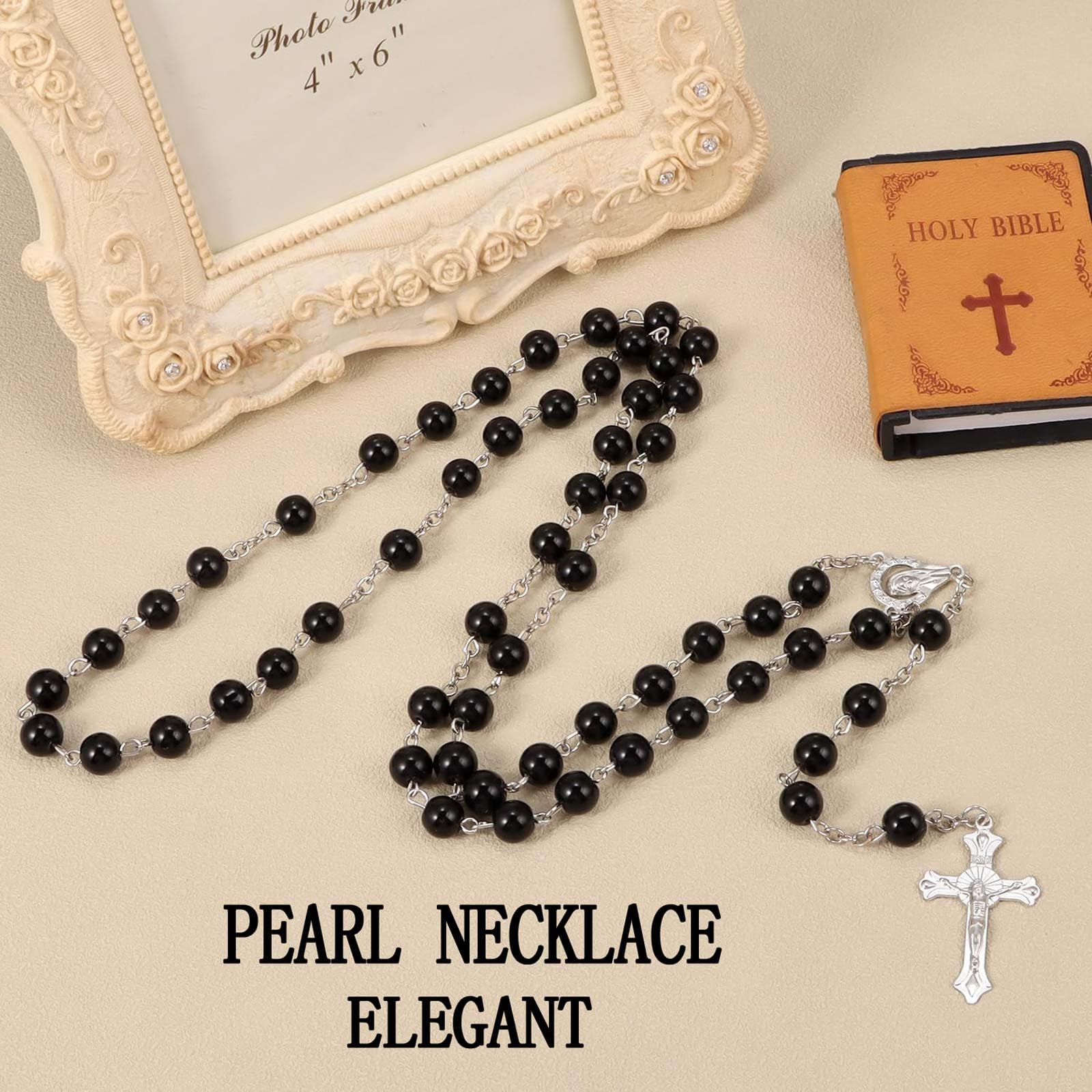 Collana Rosario con Perle e Croce di Gesù in Lega per Donne e Uomini, 2 Pezzi con Sacchetto in PU