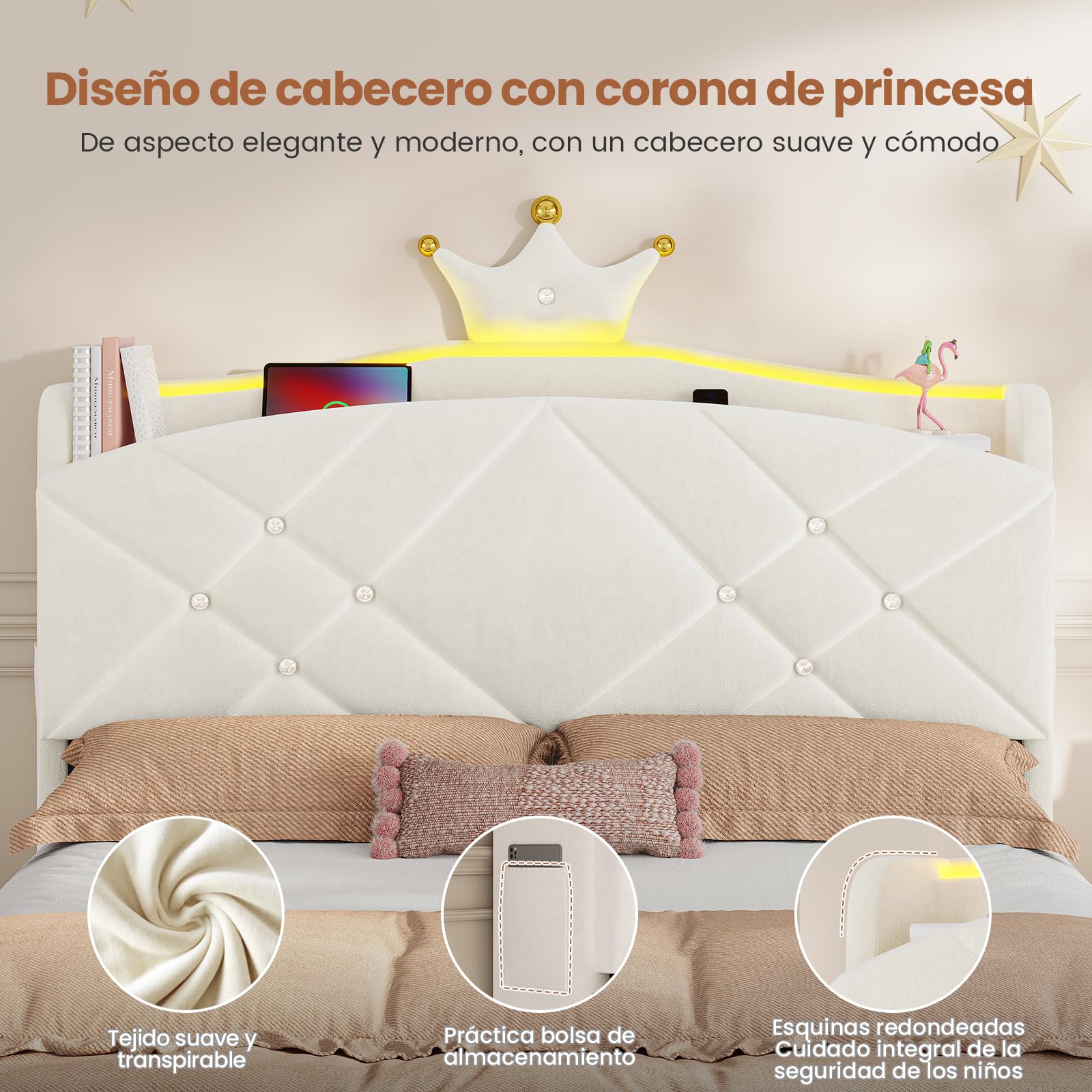 AOGLLATI Cama Juvenil 140x190cm, Cama Princesa, Camas Matrimoniales, Bianco | 2 Cajones de Almacenaje, Iluminación LED, Estación de Carga, Cabecero Tapizado, Bordes Redondeados, Modo música, Terciopelo
