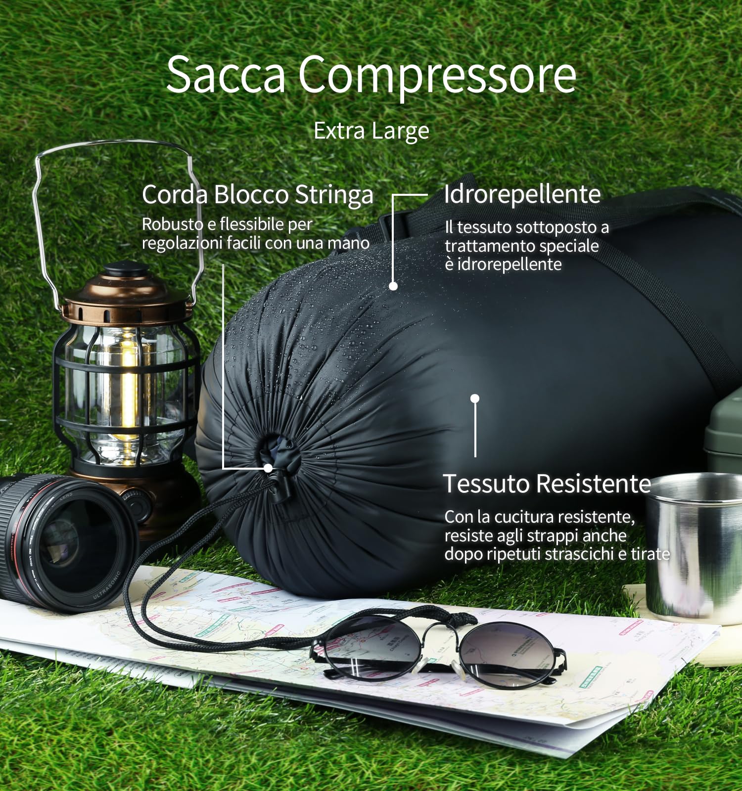 Litume Sacco di Compressione 6L, 8.5L, 10L, 13L, 16L, Resistente all'Acqua, Leggero e Compatto, in Tessuto Ripstop, per Sacchi a Pelo, con Chiusura a Corda, per Campeggio (Nero)