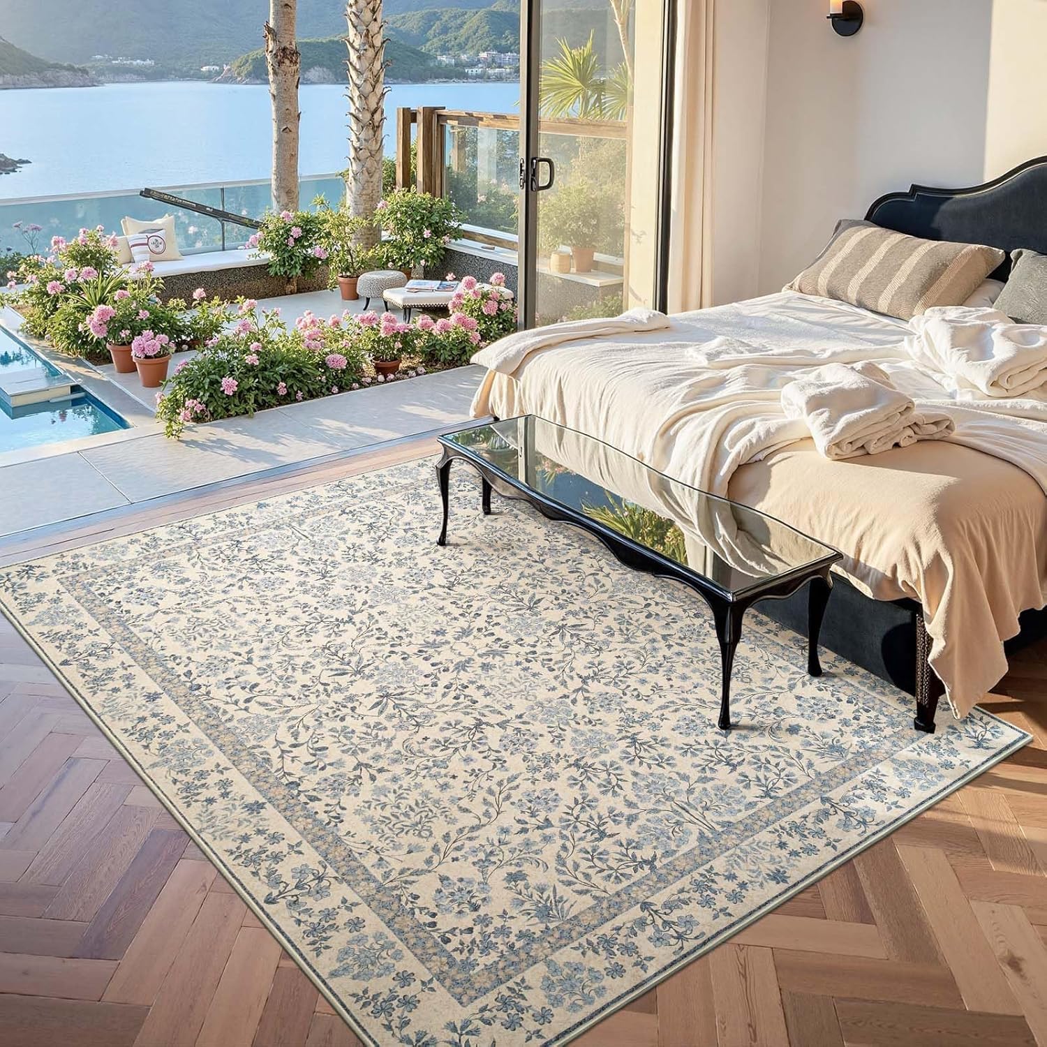 Tapis bleu et beige 150x150 cm lavable au motif floral oriental vintage square