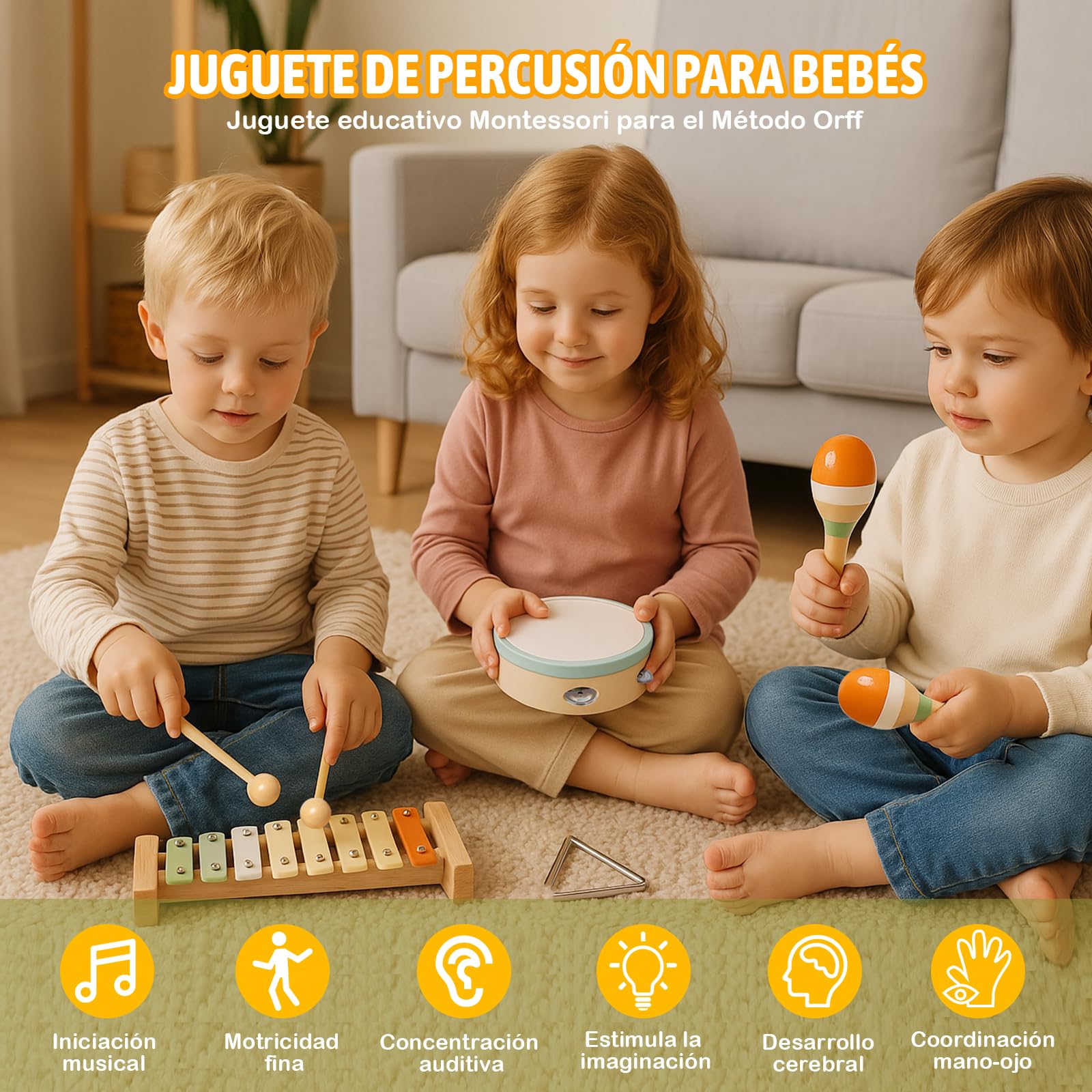 Instrumentos Musicales Infantiles, 6 in 1 Juguetes Instrumentos Musicales Bebe, Tambor Infantil Xilofono Bebe Maracas, Juguetes Montessori Niños, Navidad Cumpleaños Regalos Originales Bebes 1 2 3 Año